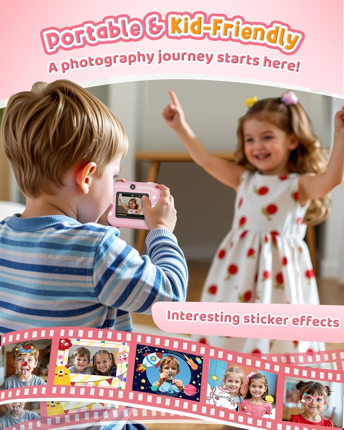 Communicates multiple selling benefits of the kids' camera: portability, child-appropriate design, and fun sticker effects feature, all within a visually segmented layout.