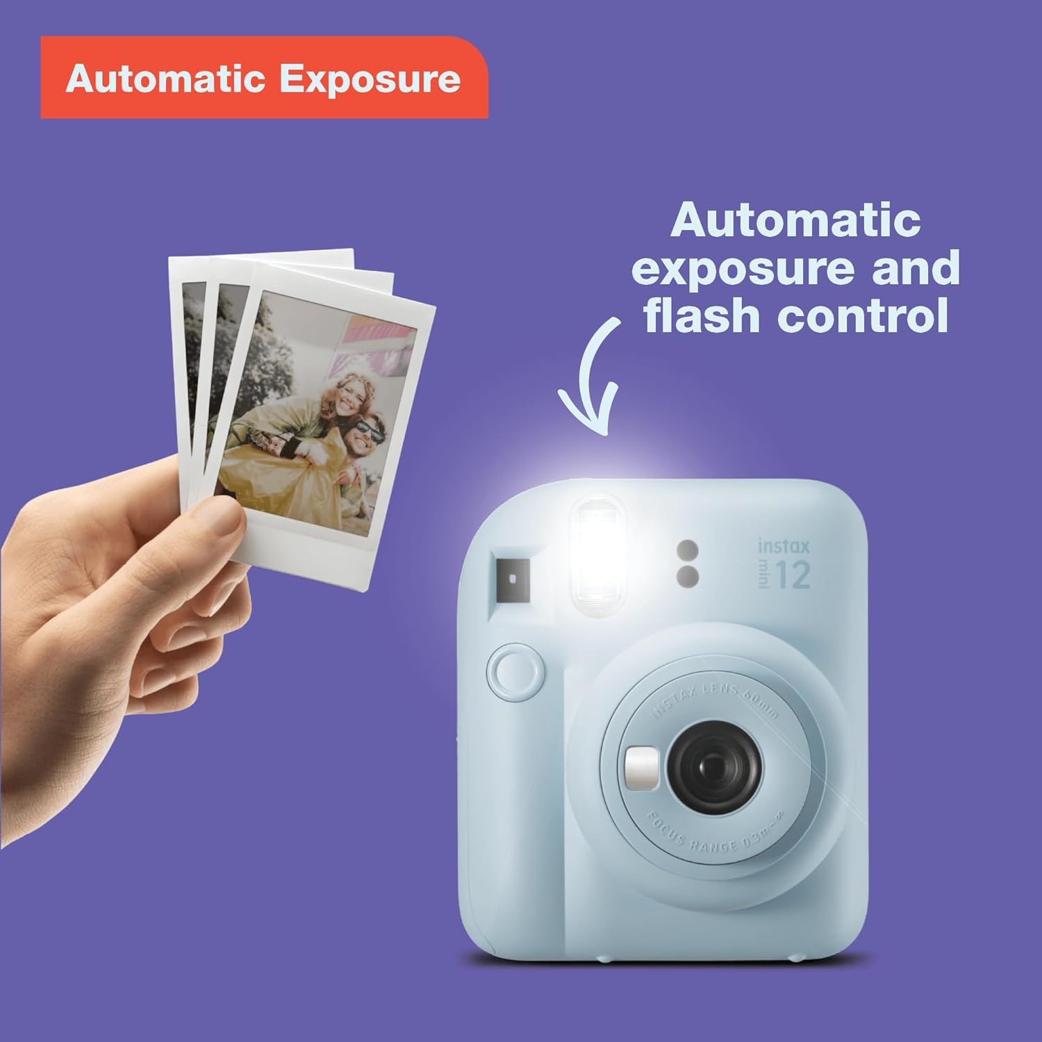 Communicates that the camera automatically adjusts exposure and flash settings, making it easy for users to capture well-lit photos without manual adjustments.