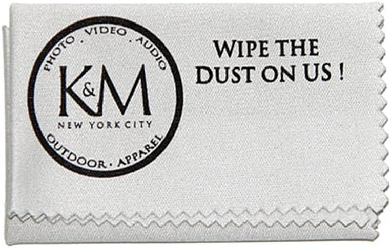 Communicates the brand identity (K&M New York City) and their product categories (Photo, Video, Audio, Outdoor, Apparel) while using a playful tagline to invite shoppers to try the cleaning cloth…
