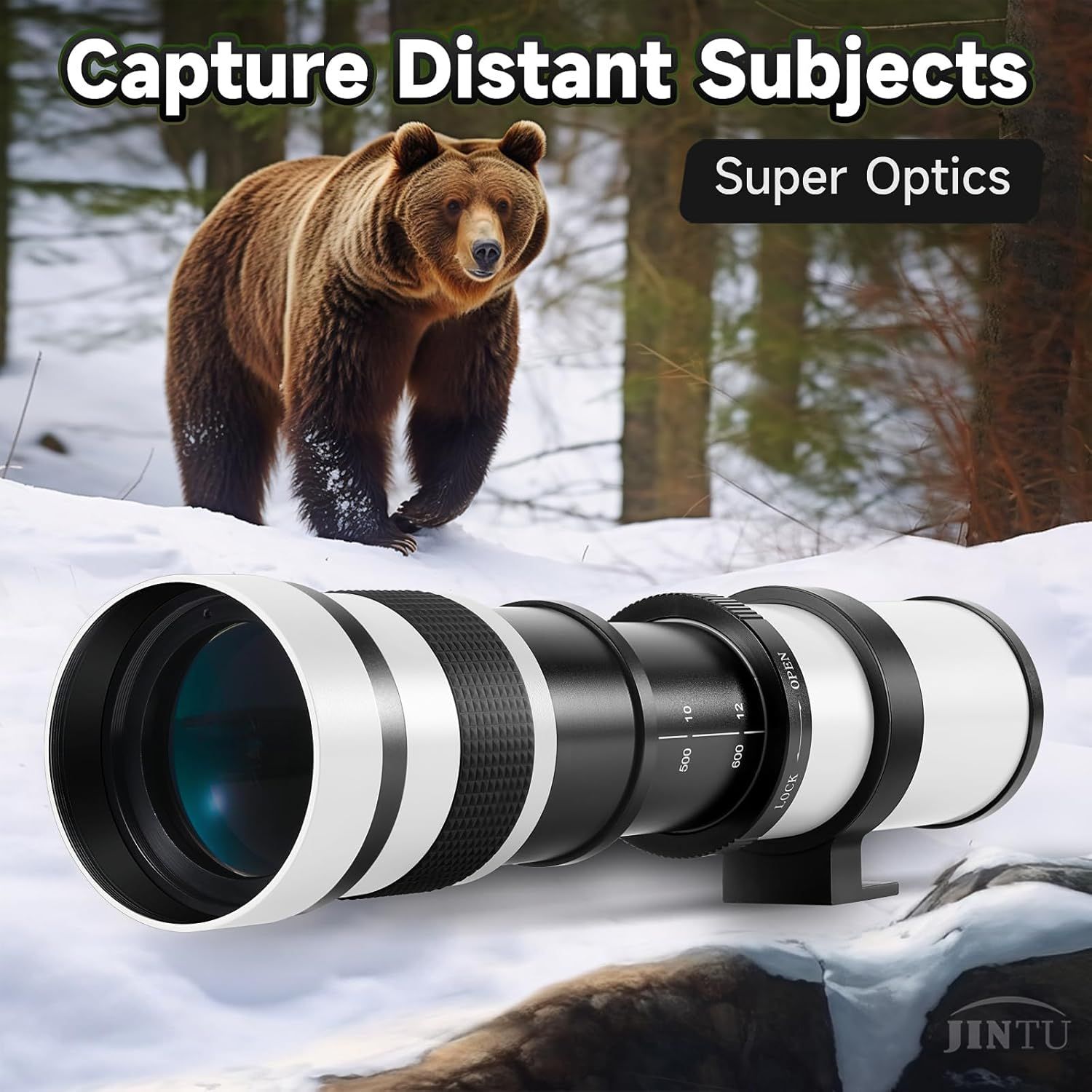Highlights the camera lens's super optics capability to capture distant subjects clearly, demonstrating its powerful zoom and image quality for wildlife and nature photography.