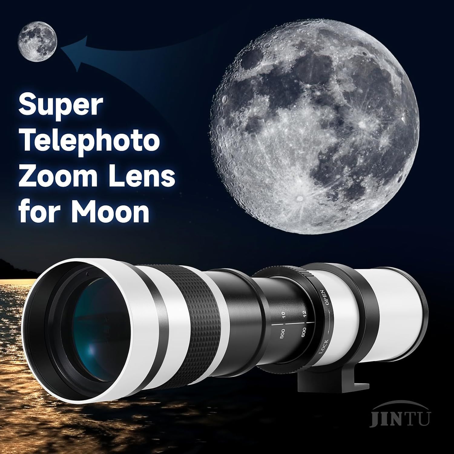 Demonstrates the lens's powerful telephoto zoom capability by showing a dramatic before-and-after comparison of the moon, reassuring shoppers that this lens can capture distant subjects with…