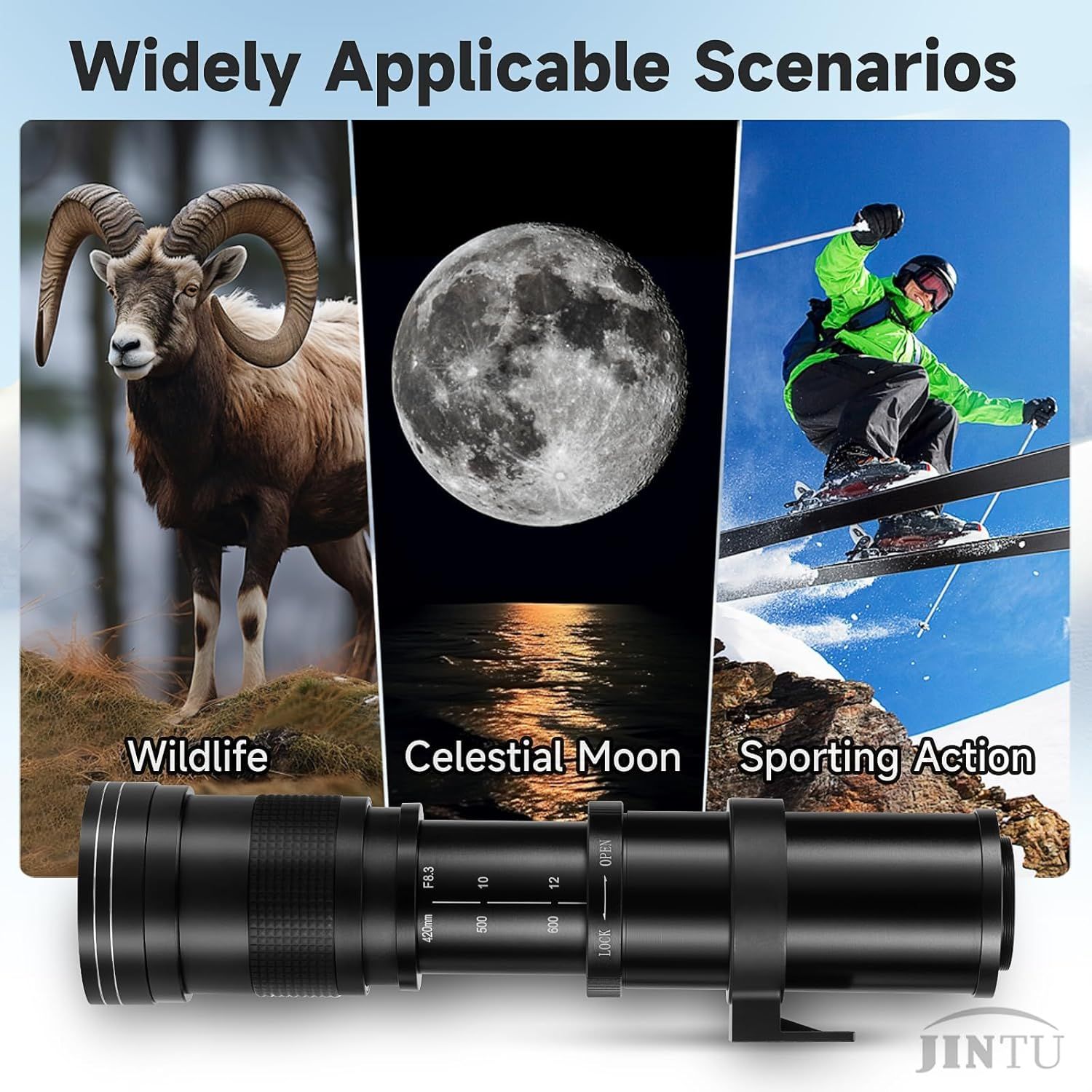 Demonstrates the versatility of the camera lens by showing three distinct use-case scenarios where the product excels, reassuring shoppers that this lens can handle diverse photography needs.