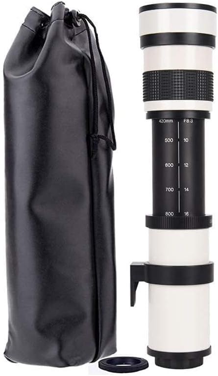 Shows everything included in the purchase: the telephoto lens, protective carrying pouch, and lens cap, reassuring the shopper they're getting a complete package ready to use.