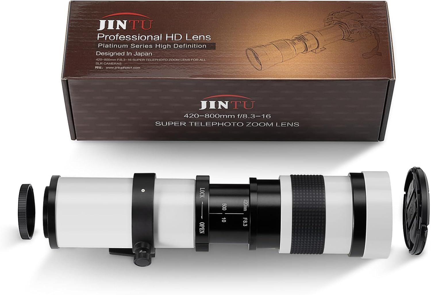 Shows the customer everything included in the package: the retail box, the telephoto zoom lens, lens caps, and all components they will receive upon purchase.
