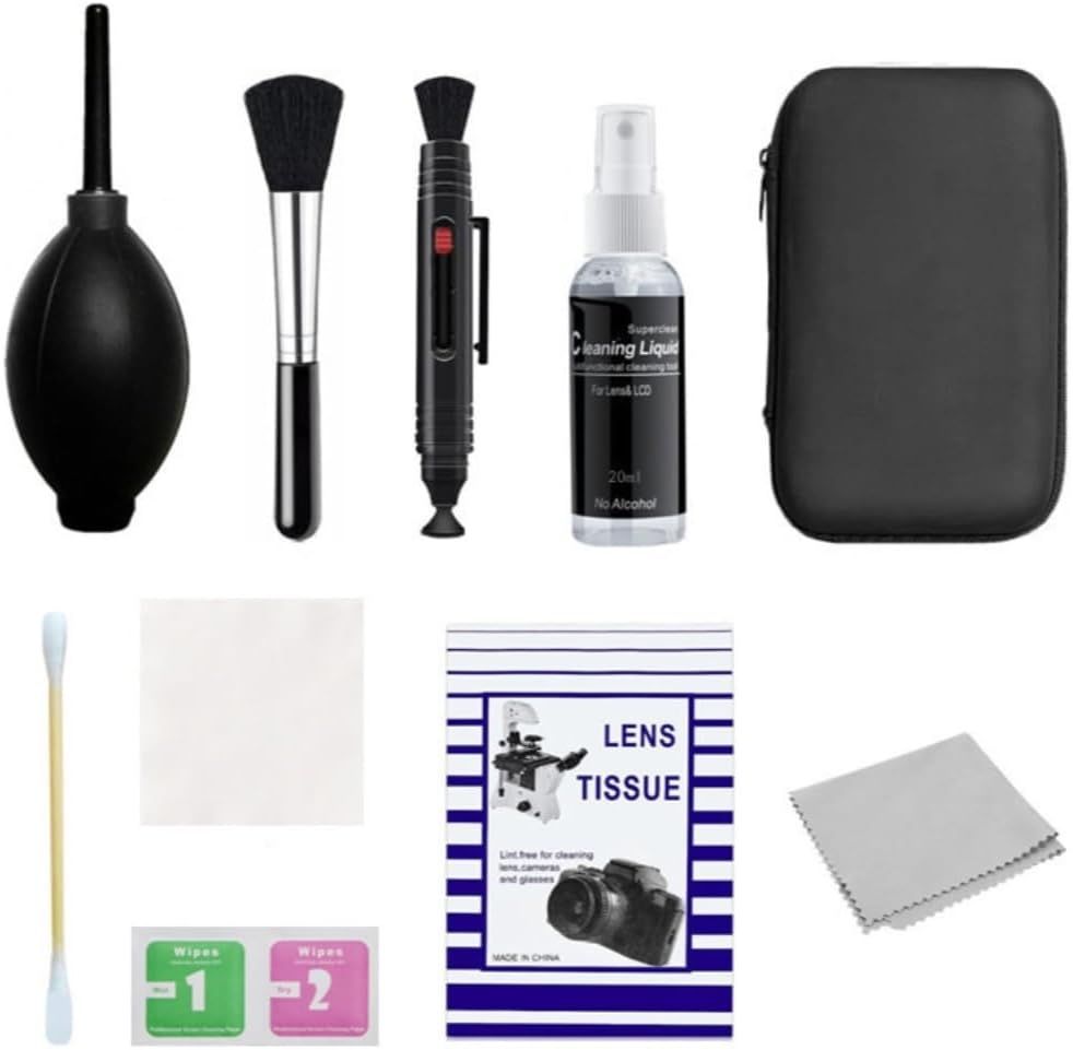 Shows all the items included in the camera cleaning kit to help shoppers understand the complete value and contents of their purchase.