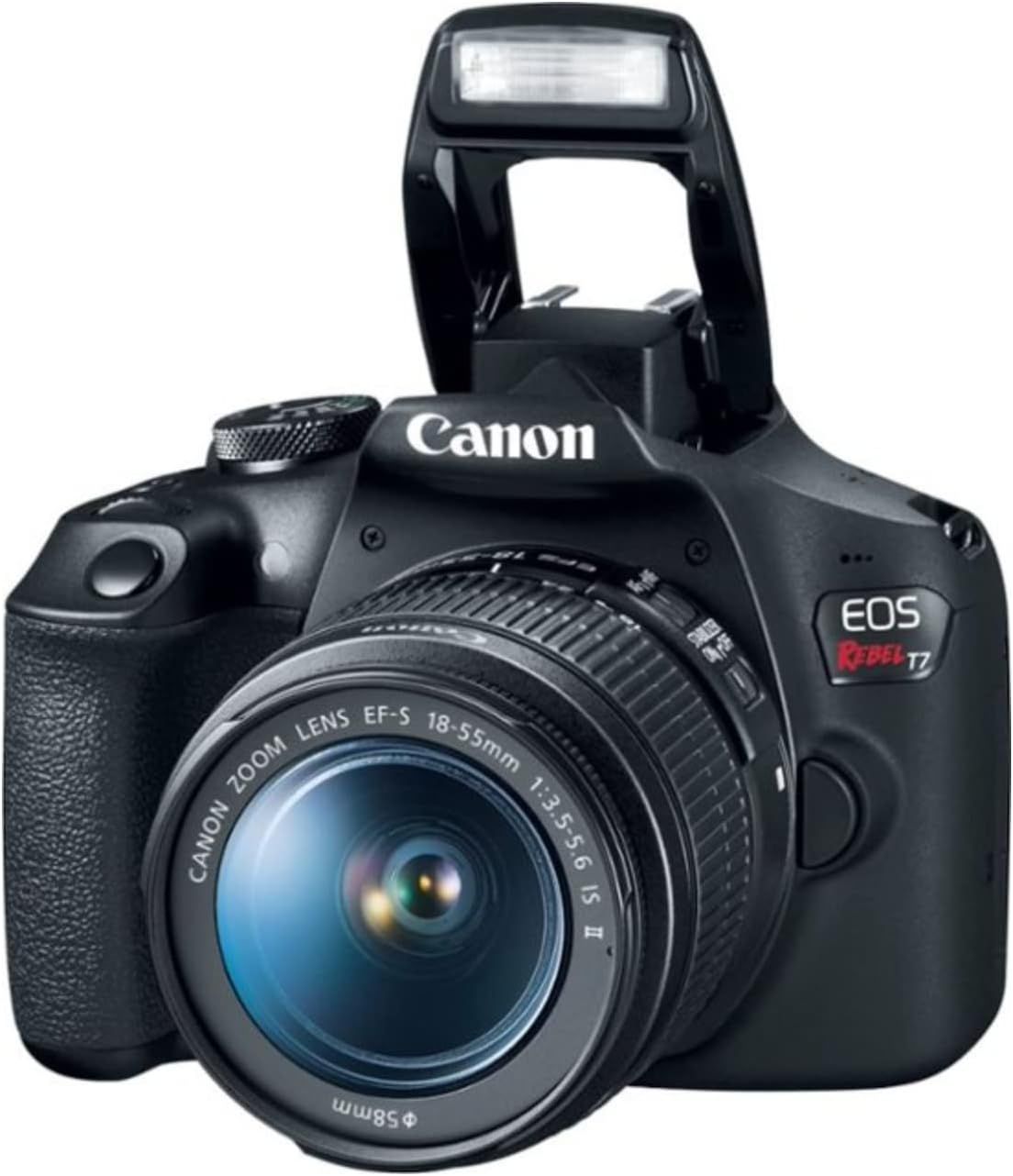 Provides a clean, catalog-style view of the Canon EOS Rebel T7 camera with lens and flash raised, allowing shoppers to see the product clearly without distractions.