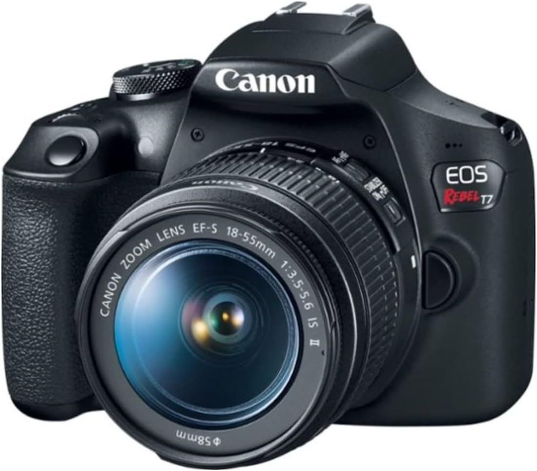 Displays the Canon EOS Rebel T7 camera with lens in a clean, catalog-style format to show the product clearly without distractions.