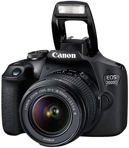 Provides a clean, catalog-style view of the Canon EOS 2000D camera with lens and flash extended, allowing shoppers to see the product clearly without distractions.