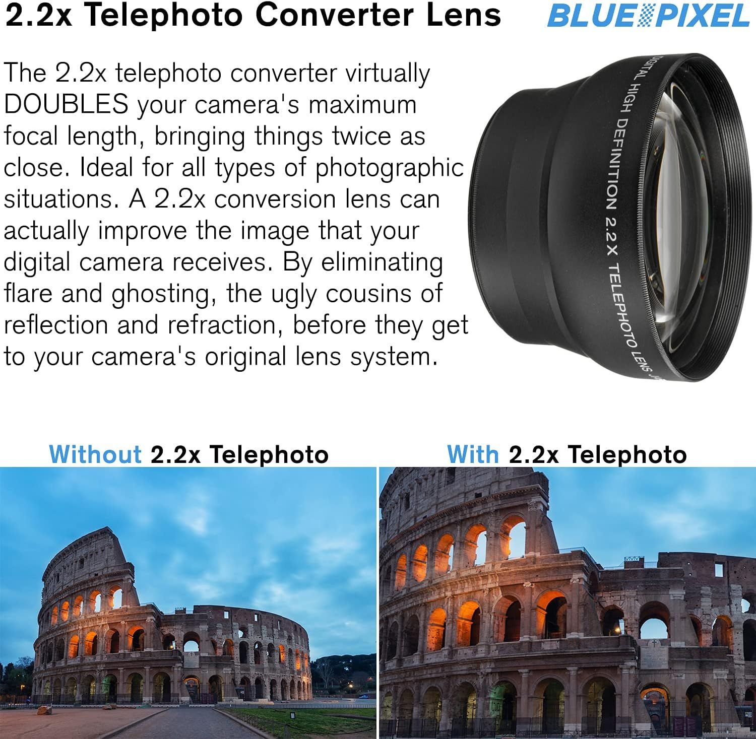 Demonstrates the visual transformation and enhanced zoom capability achieved by using the 2.2x telephoto converter lens, showing how it brings distant subjects significantly closer. Communicates the…