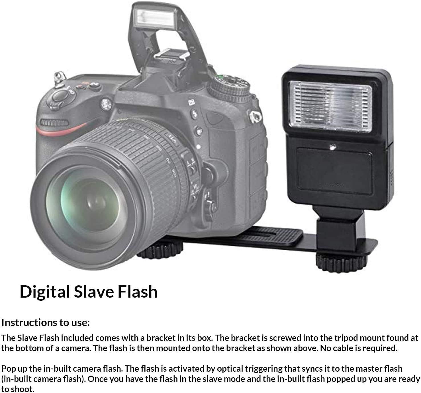Explains how to mount and use the digital slave flash accessory with a camera, including bracket installation and optical triggering setup.