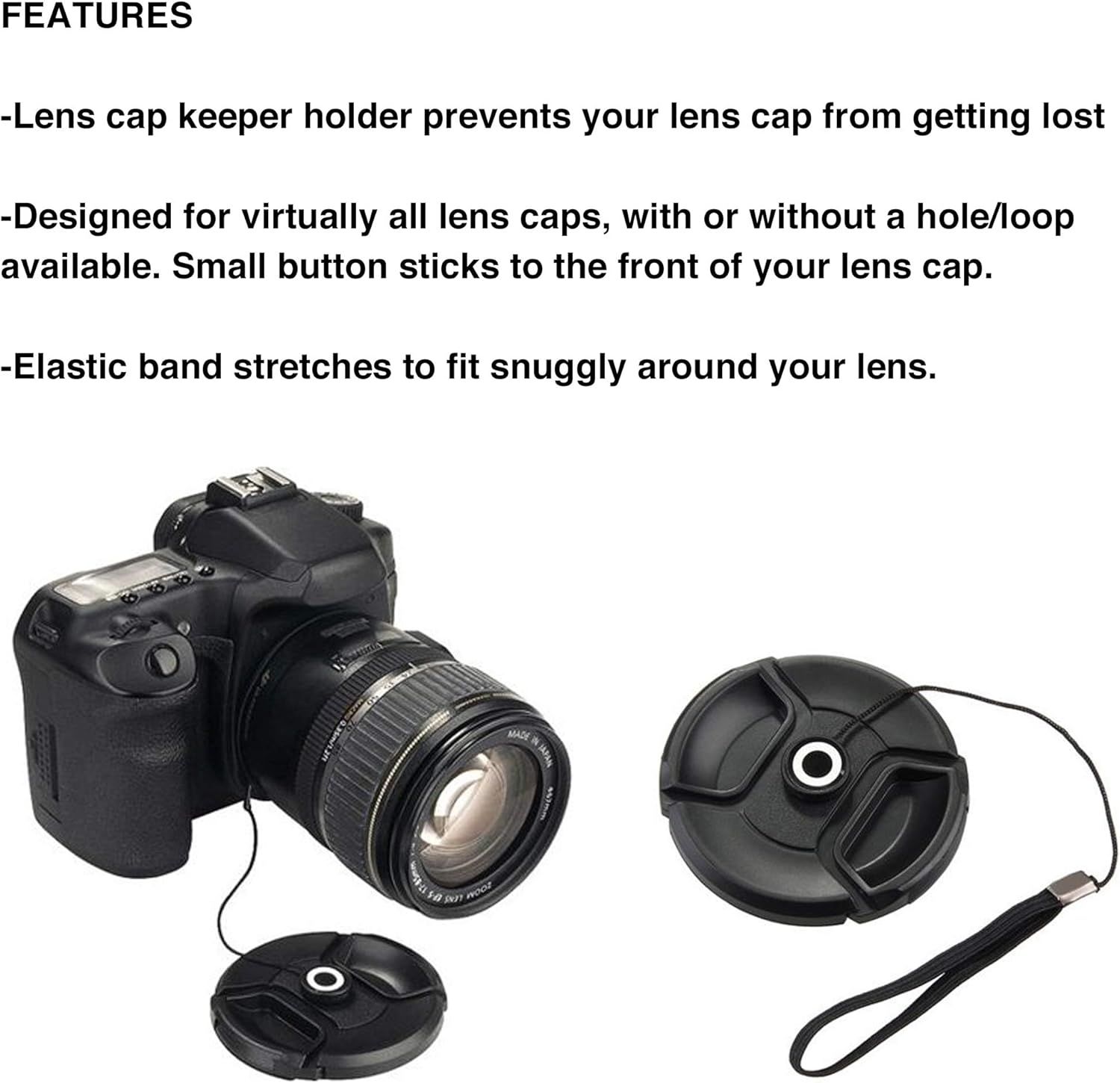 Communicates multiple distinct benefits of the lens cap holder accessory: prevents lens cap loss, works with virtually all lens caps, and features an elastic band for snug fit around the lens.