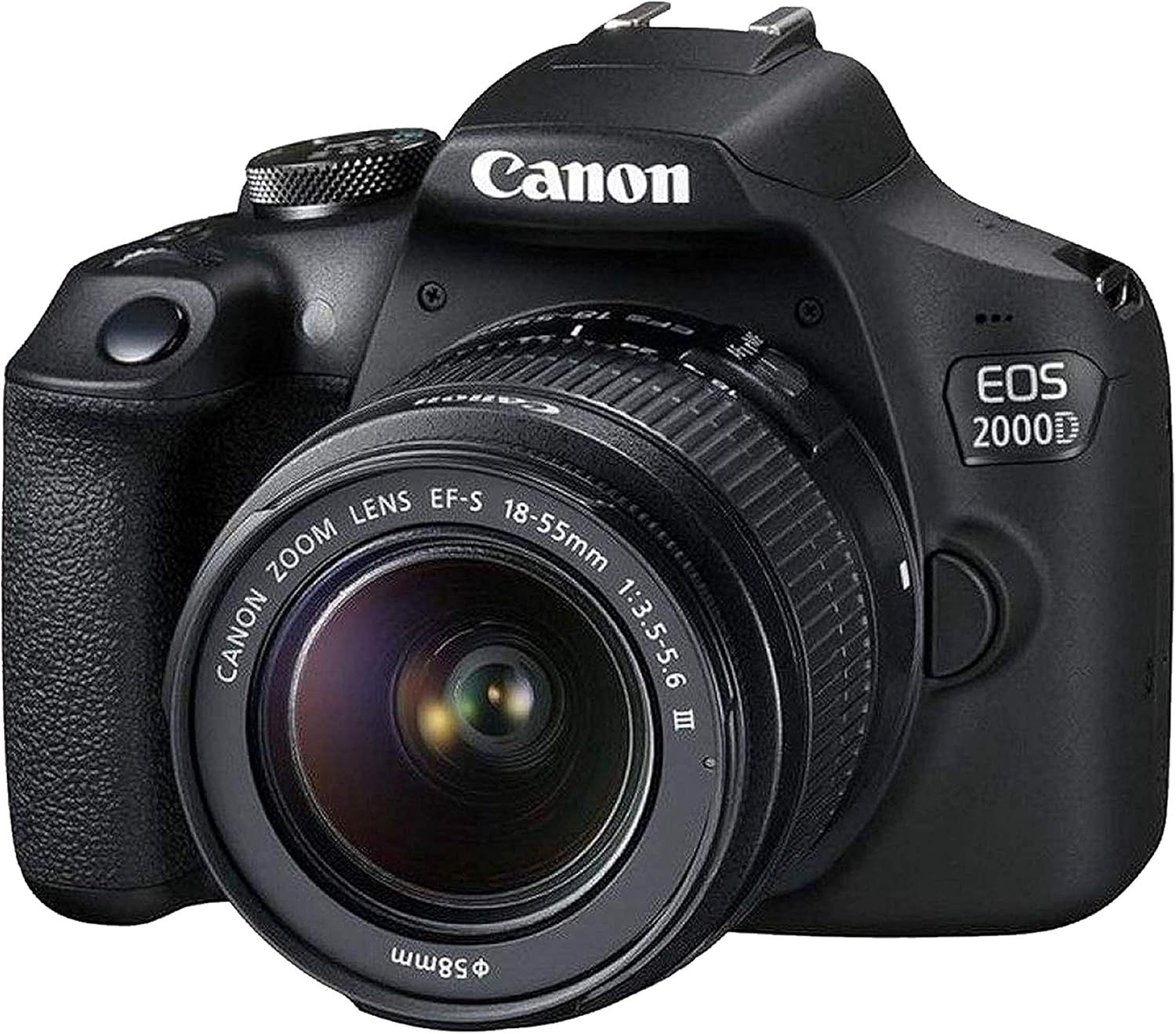 Provides a clean, catalog-style view of the Canon EOS 2000D camera with lens on a white background, allowing shoppers to see the product clearly without distractions.
