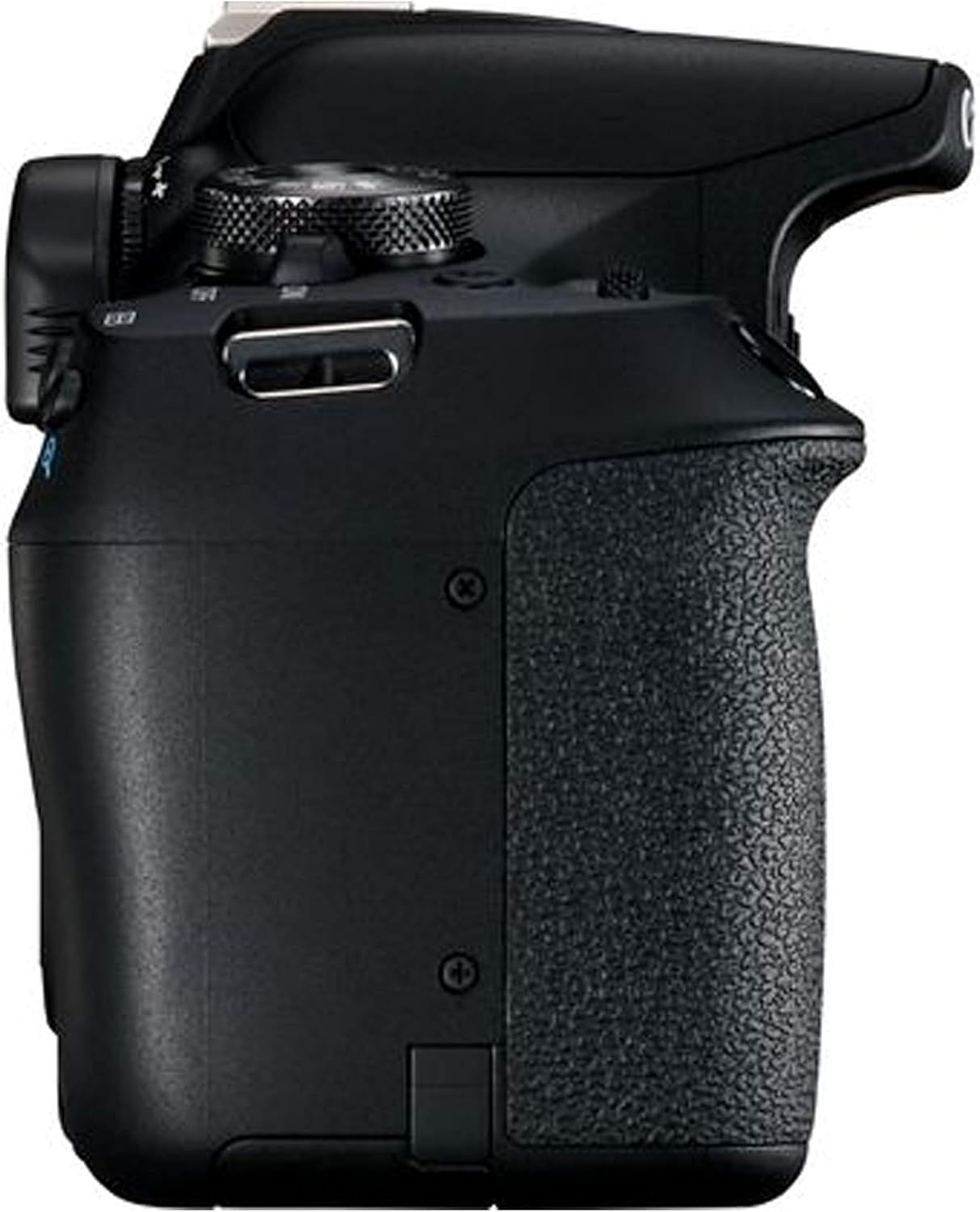Provides a clean, catalog-style view of the camera body from the side to show its physical form, grip texture, and button layout without distractions.
