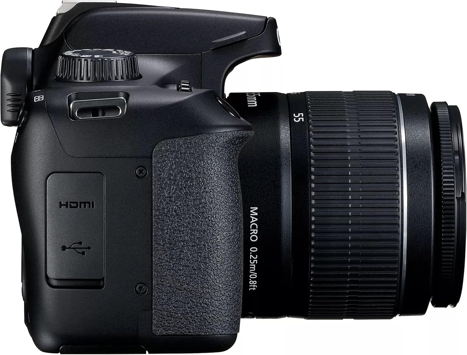 Provides a clean, catalog-style view of the camera from the side to show its physical form, ports, and lens details without distractions.