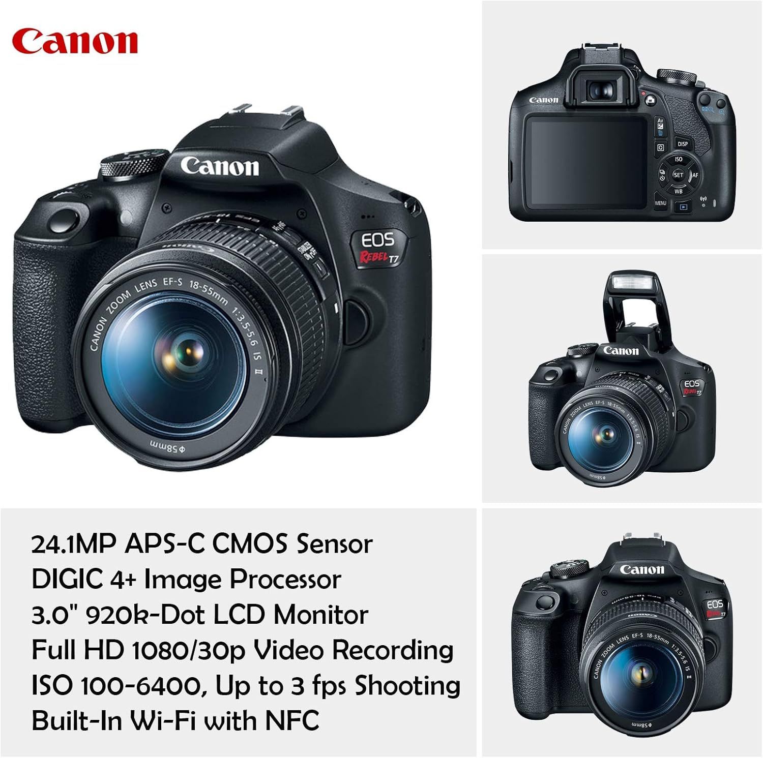 Communicates multiple technical specifications and features of the Canon EOS Rebel T7 camera to inform shoppers of its comprehensive capabilities and performance characteristics.