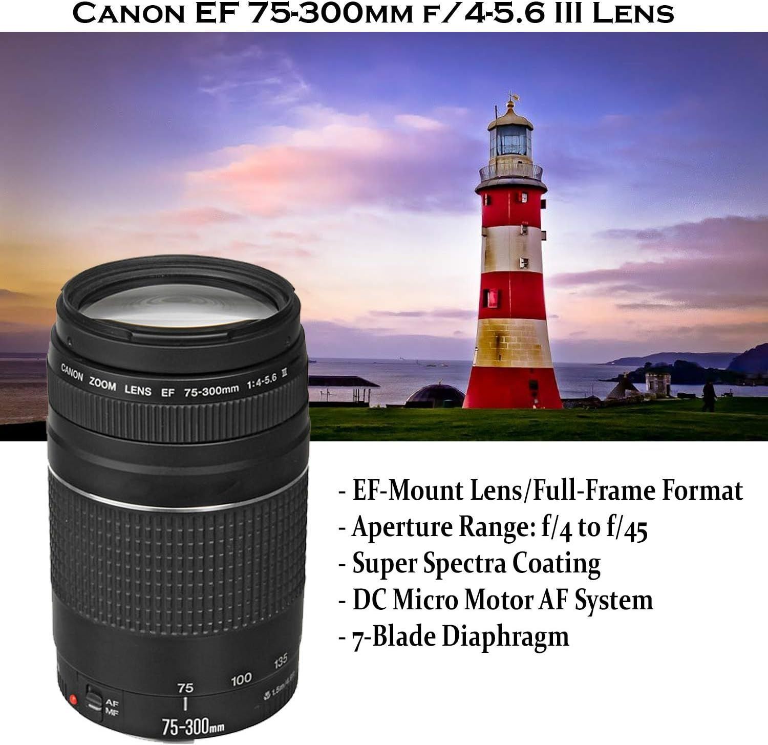 Communicates multiple technical specifications and features of the Canon lens to help shoppers understand its capabilities and compatibility, including mount type, aperture range, coating…