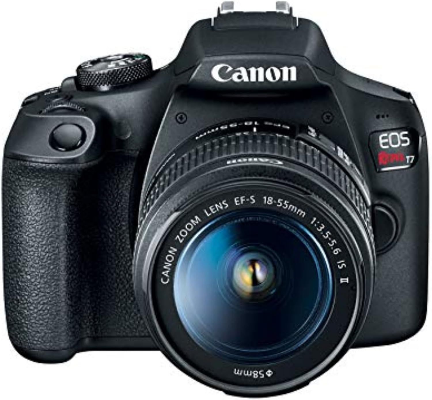 Provides a clean, catalog-style view of the Canon EOS Rebel T7 DSLR camera with lens, allowing shoppers to see the product clearly without distractions.