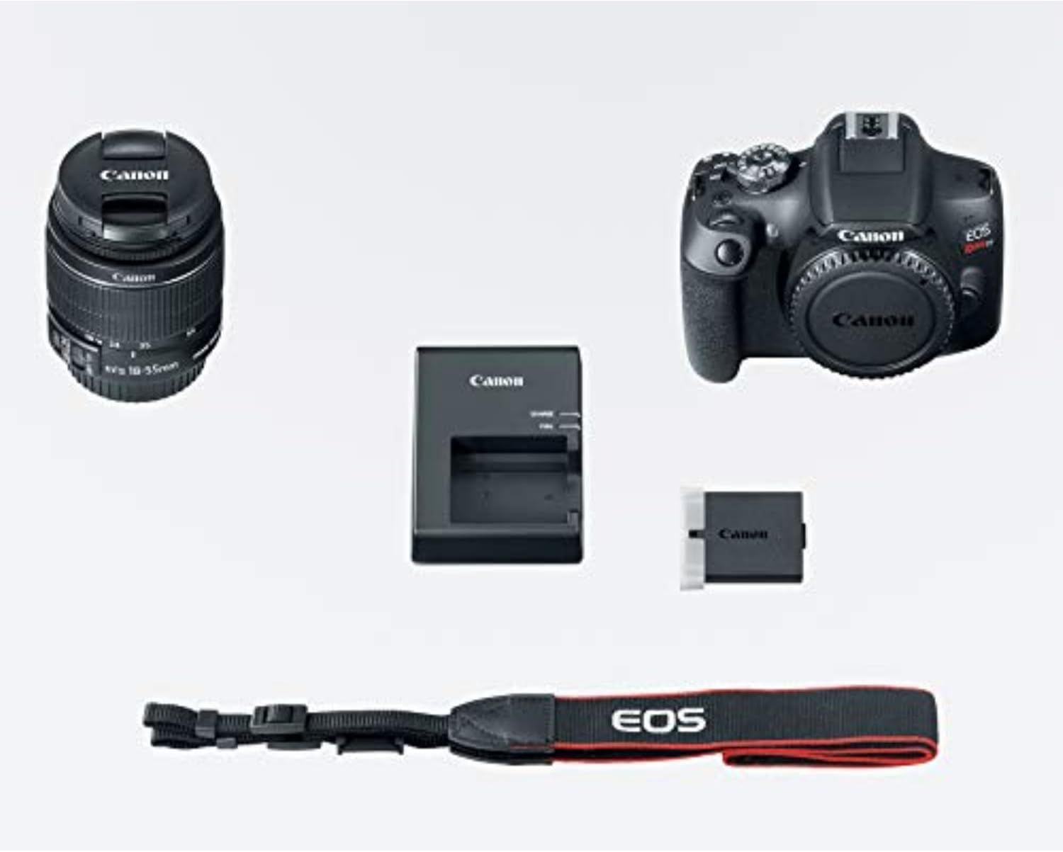 Shows all the components included with the Canon EOS camera purchase, including the camera body, lens, battery charger, battery, and camera strap, helping shoppers understand the complete package…