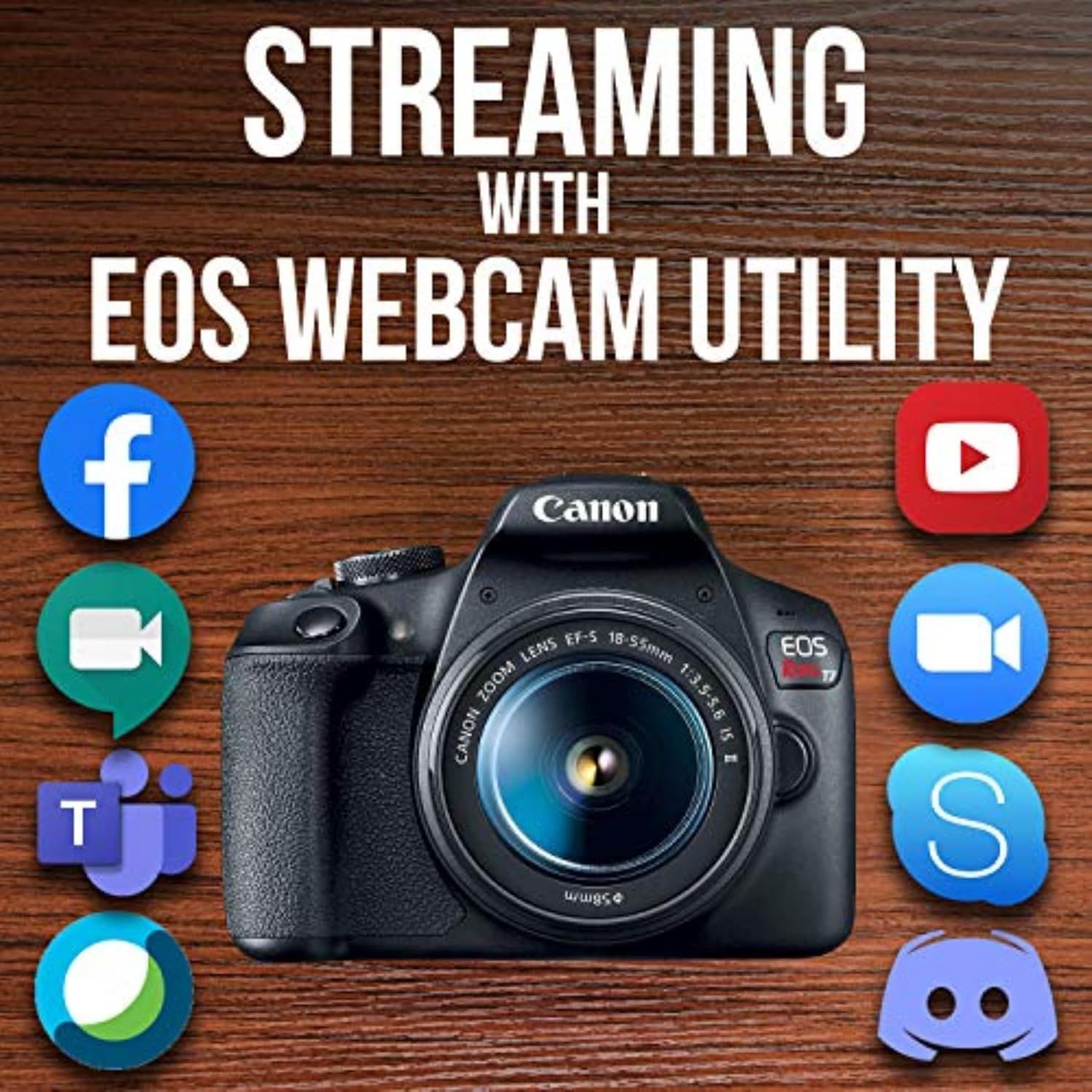 Demonstrates that the Canon EOS camera with webcam utility can be used for streaming across multiple platforms including Facebook, YouTube, Skype, Discord, Teams, and other video…