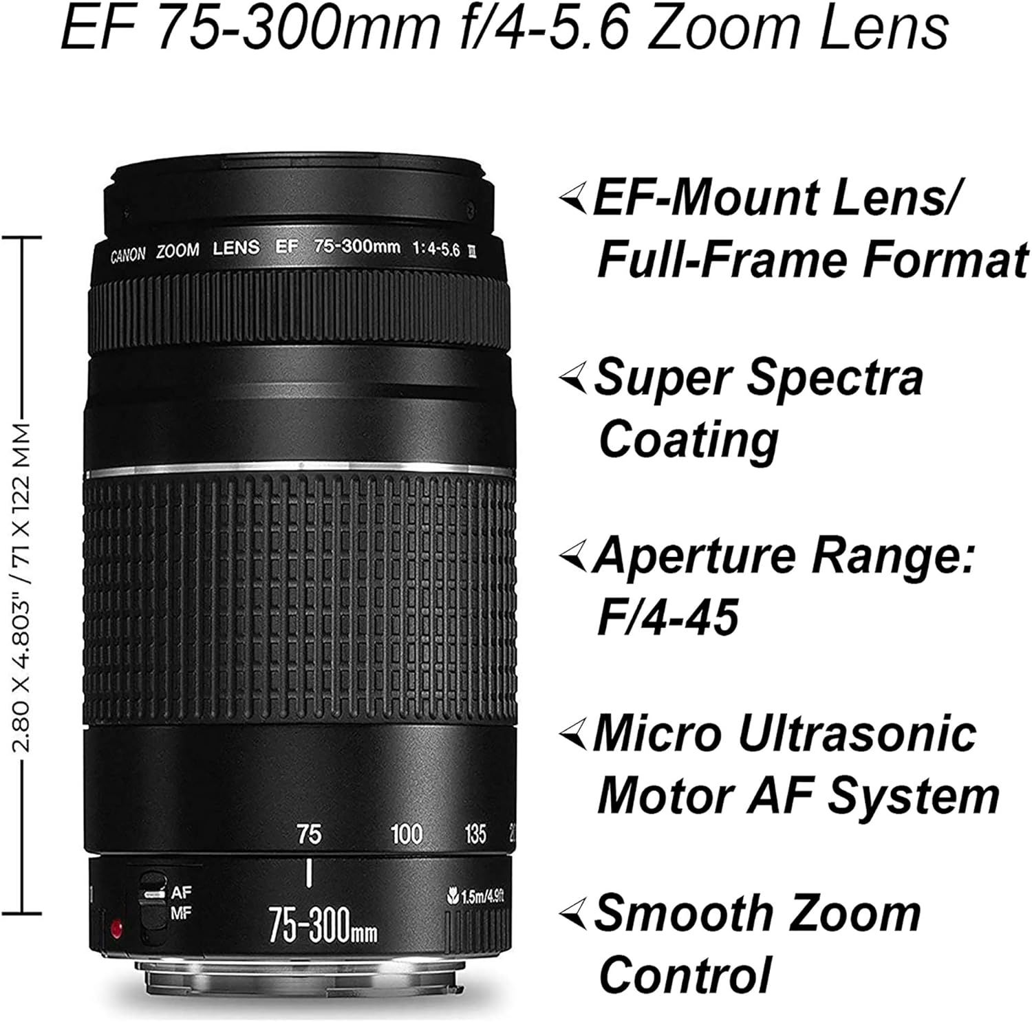 This image breaks down the camera lens by pointing to and labeling its key physical features and technical specifications, helping shoppers understand the product's components and capabilities.