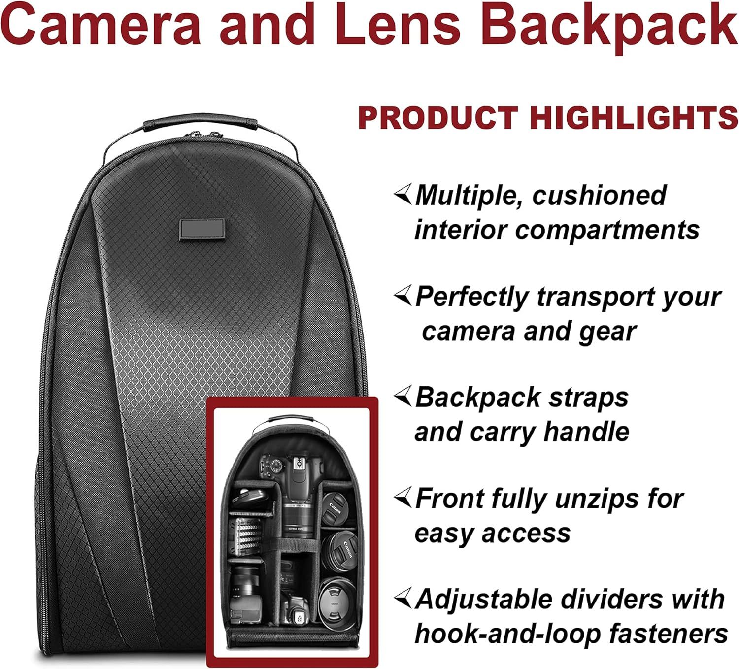 Communicates multiple key features and benefits of the camera backpack in a segmented layout to show shoppers why this product is well-designed for camera gear storage and transport.