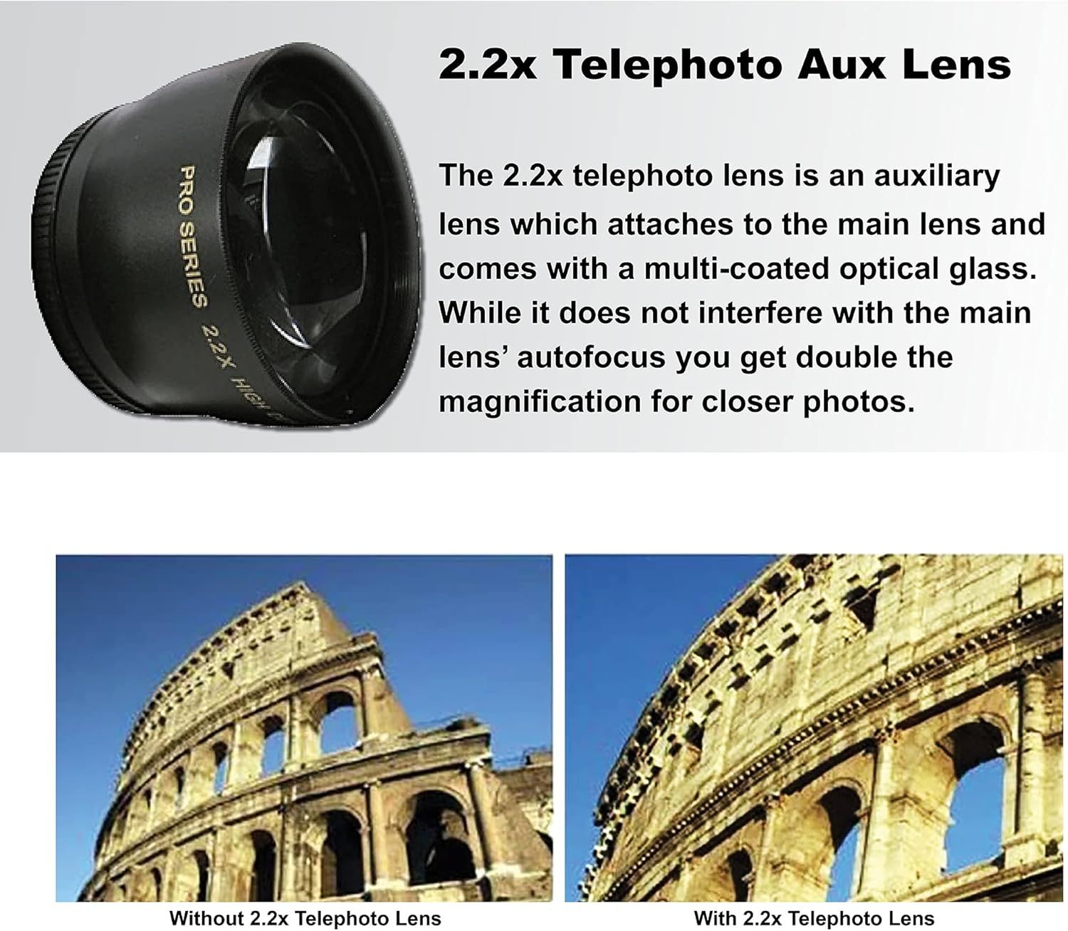 Demonstrates the visual transformation and enhanced magnification capability of the telephoto lens by showing a side-by-side comparison of the same subject without and with the lens attached.…