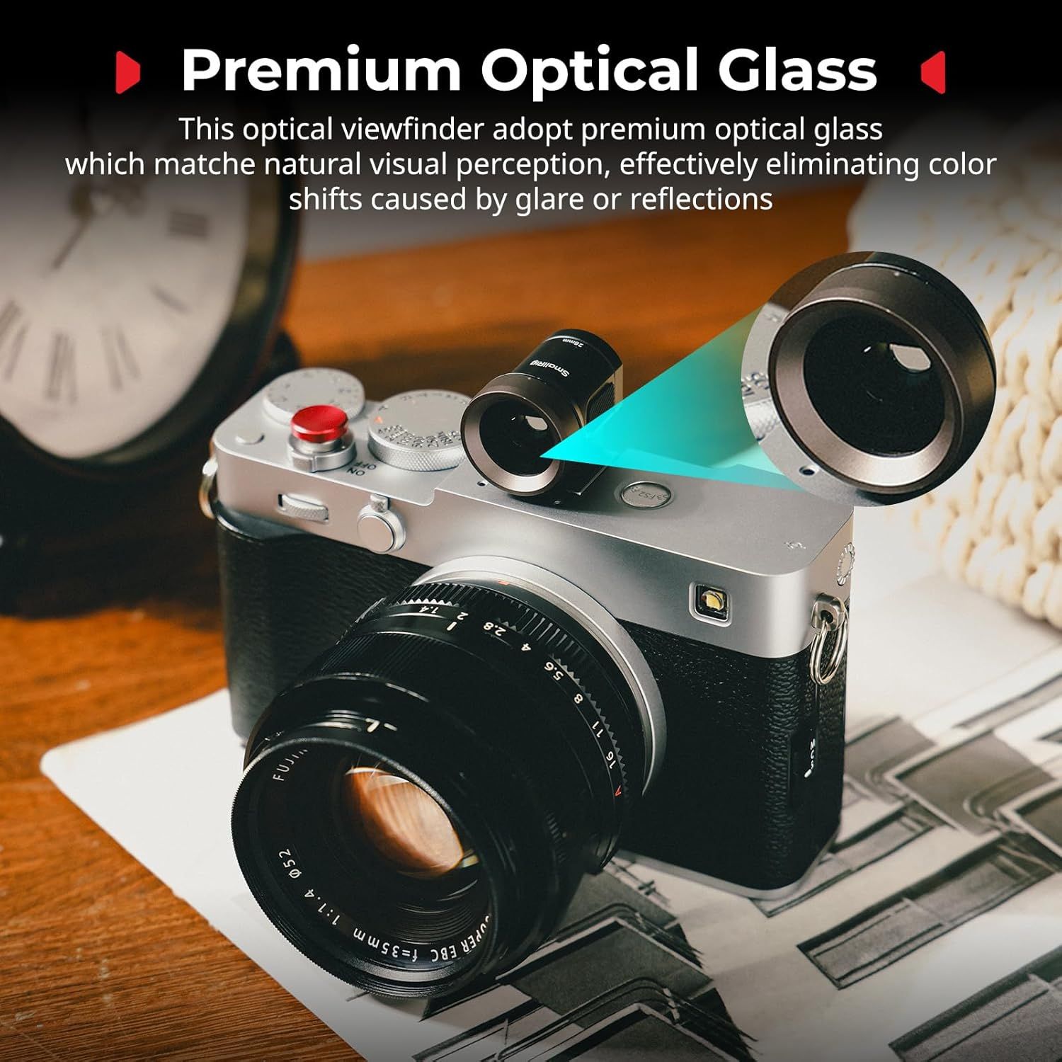 Highlights the camera's premium optical glass viewfinder technology, emphasizing how it eliminates color shifts and glare to match natural visual perception, reassuring photographers of superior…
