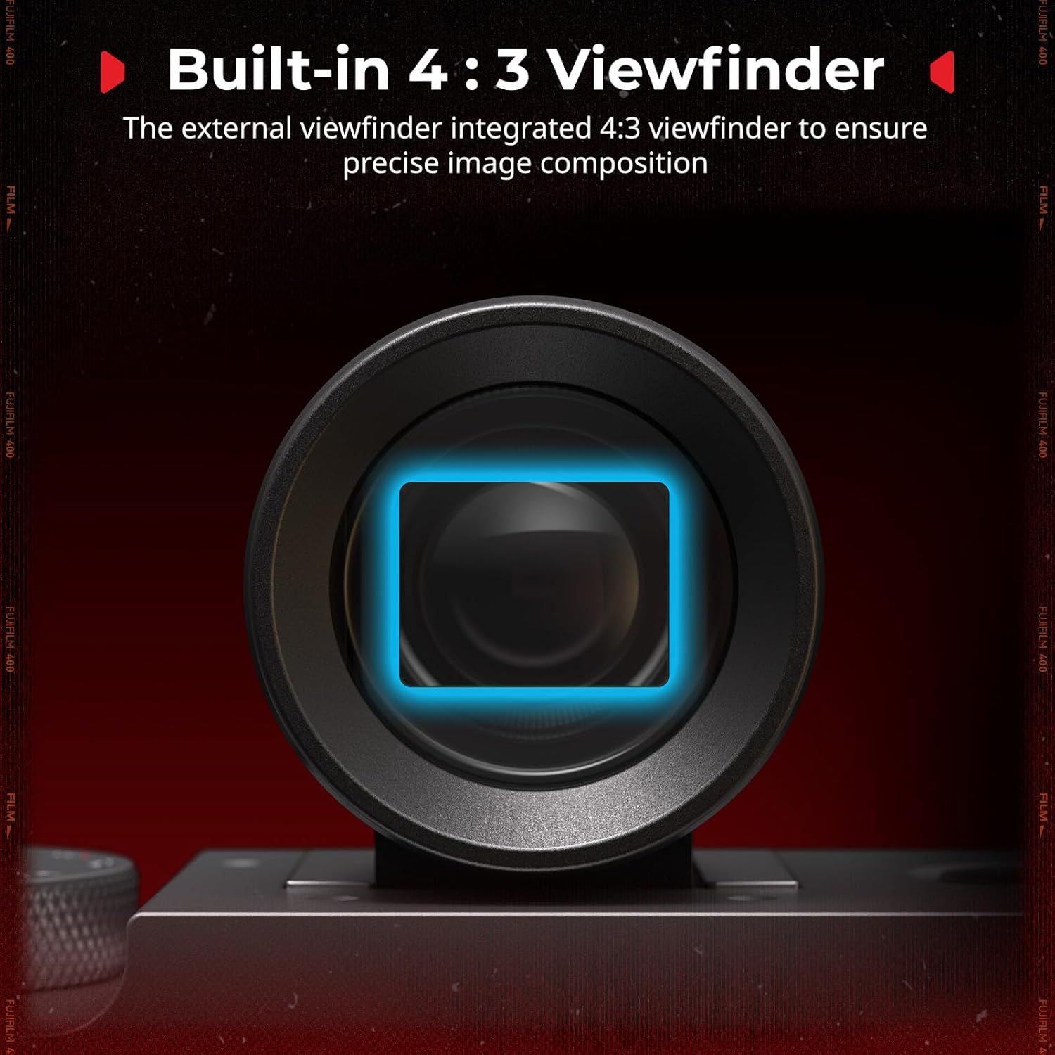 Highlights the built-in 4:3 viewfinder feature to communicate that the product enables precise image composition for photography enthusiasts.