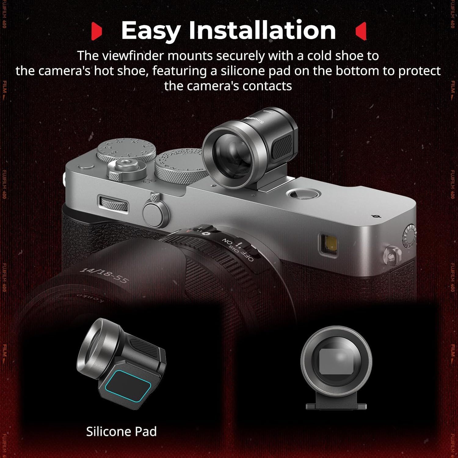 Demonstrates how the viewfinder mounts securely to the camera's hot shoe with a protective silicone pad, reassuring shoppers that installation is simple and safe for their camera. Highlights the…