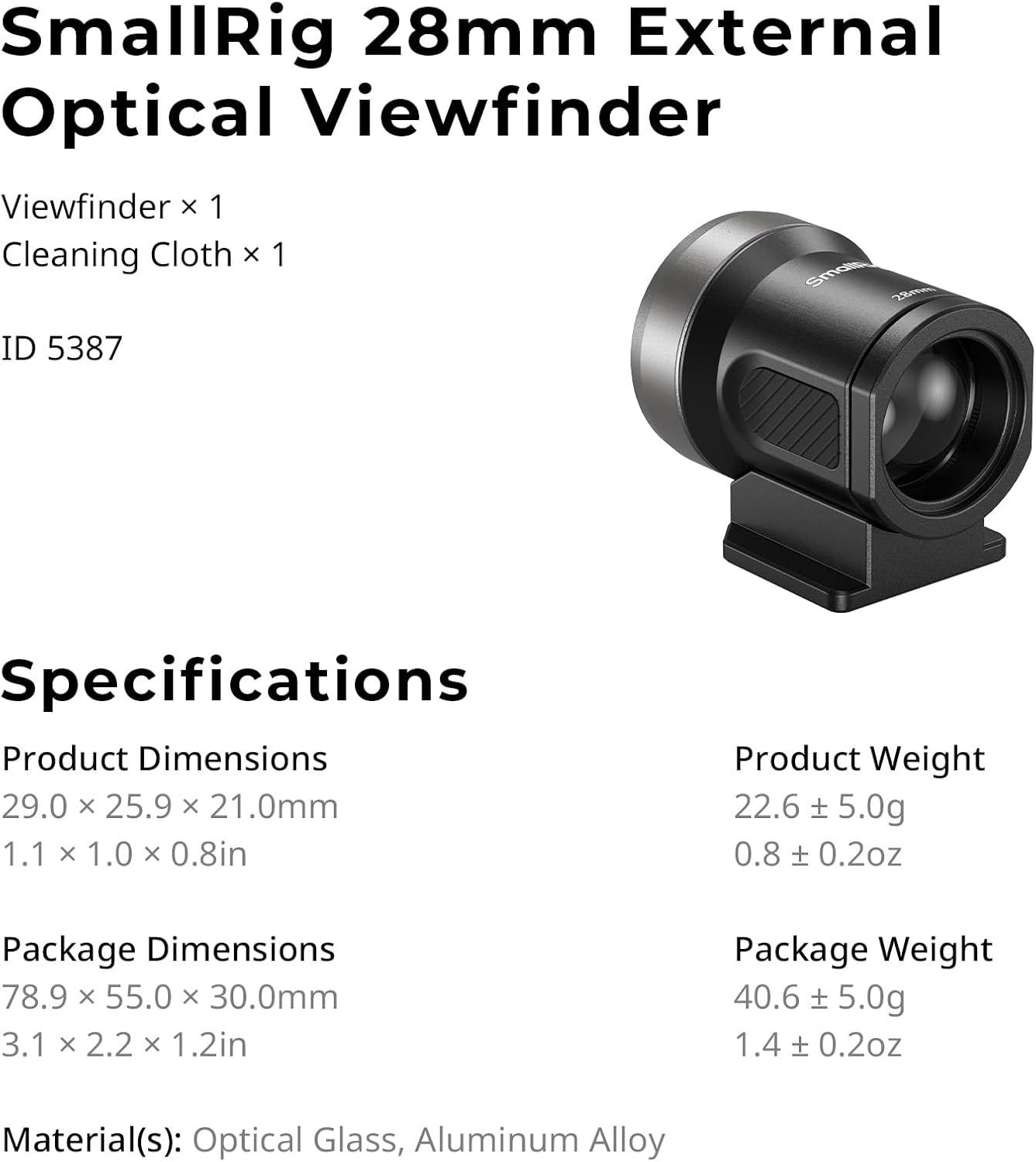 Shows what's included in the package (viewfinder and cleaning cloth) and provides detailed product specifications including dimensions, weight, and materials to help shoppers understand exactly what…