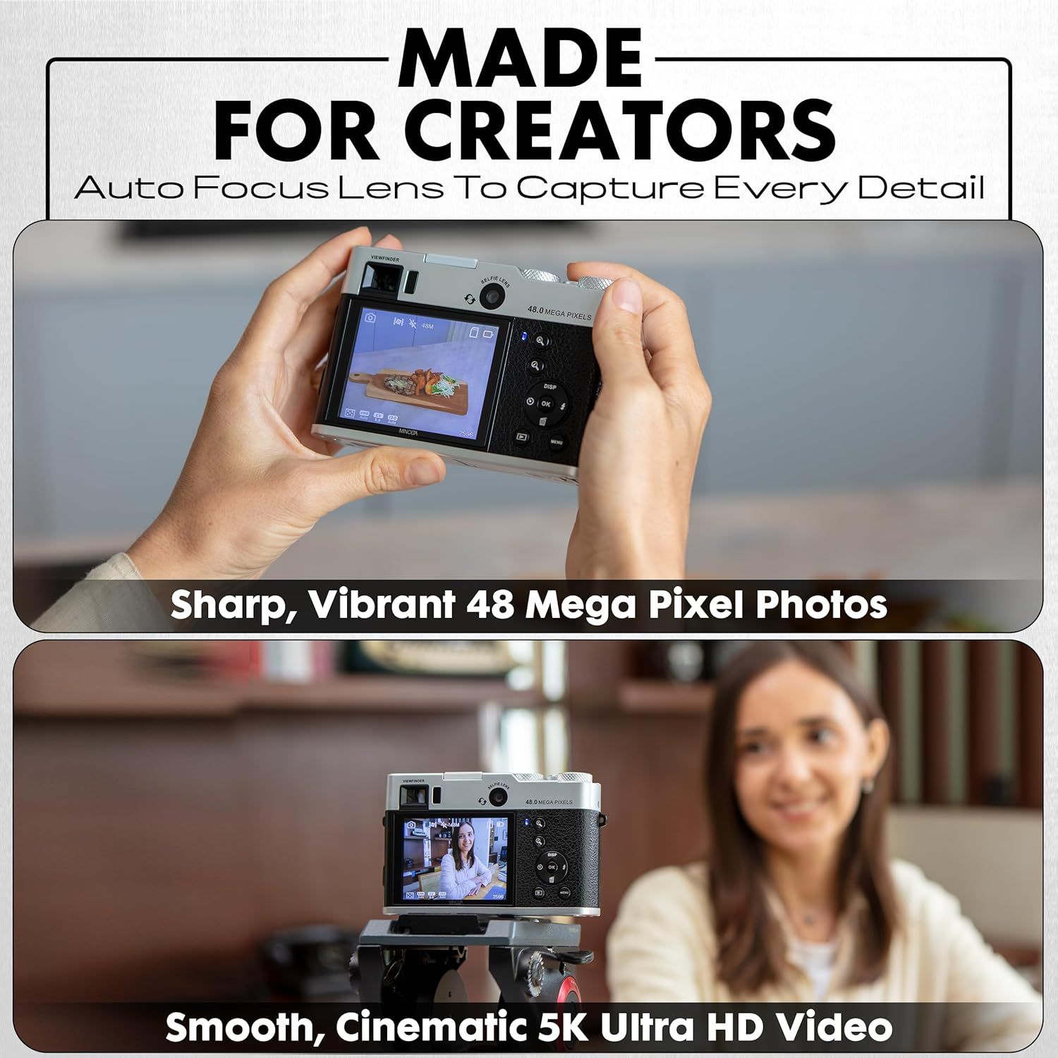 Highlights multiple key features of the camera targeted at content creators, emphasizing photo quality, video capability, and auto-focus technology to appeal to creators seeking professional-grade…