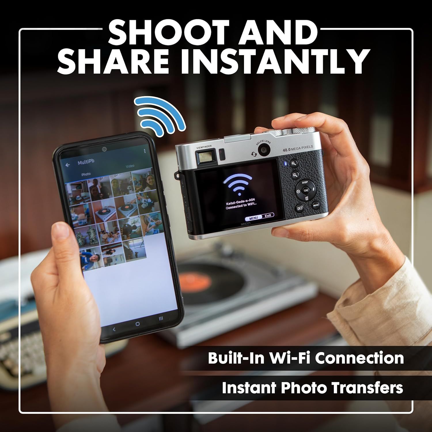 Demonstrates the camera's wireless connectivity feature, showing how users can instantly transfer photos from the camera to their smartphone for easy sharing.