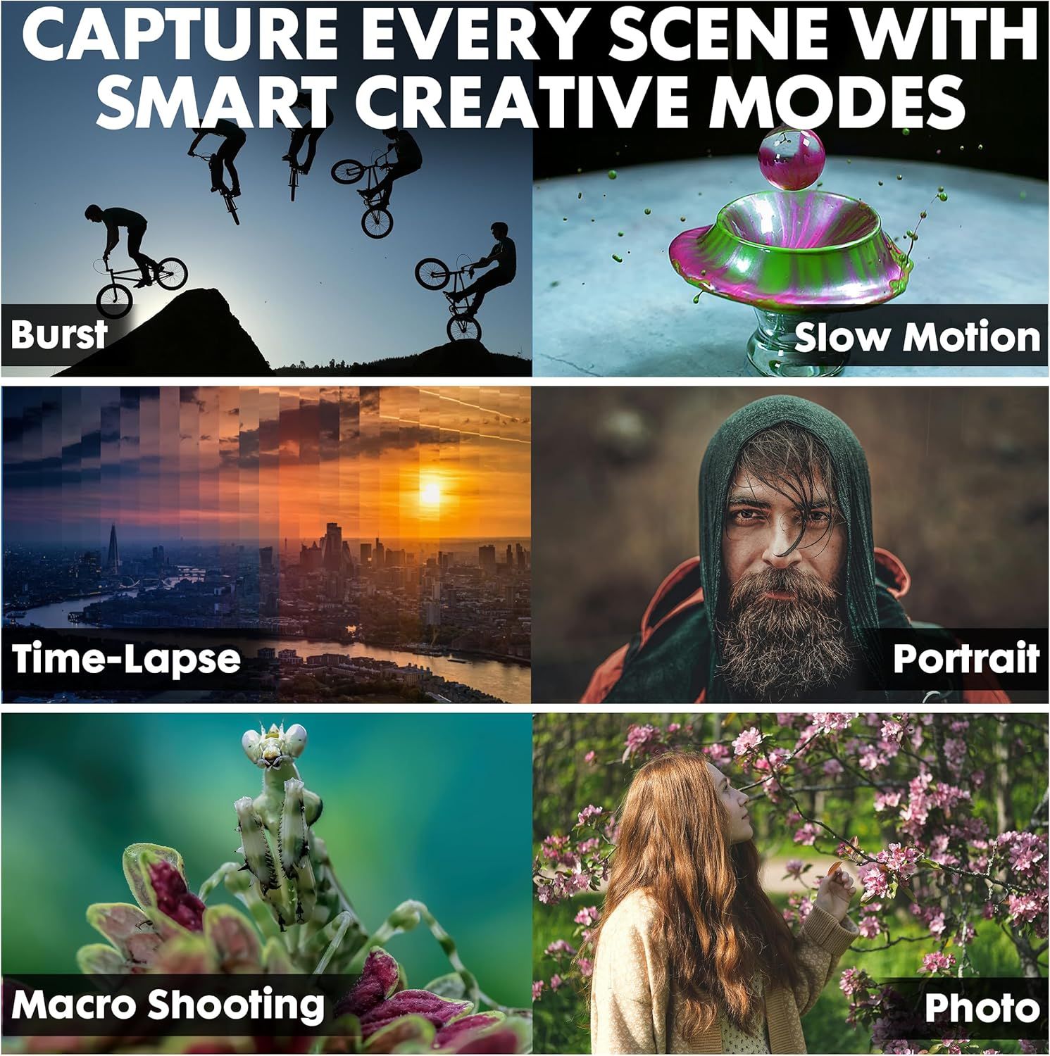 Showcases the camera's multiple creative shooting modes to demonstrate versatility and advanced photography capabilities for capturing different types of scenes.