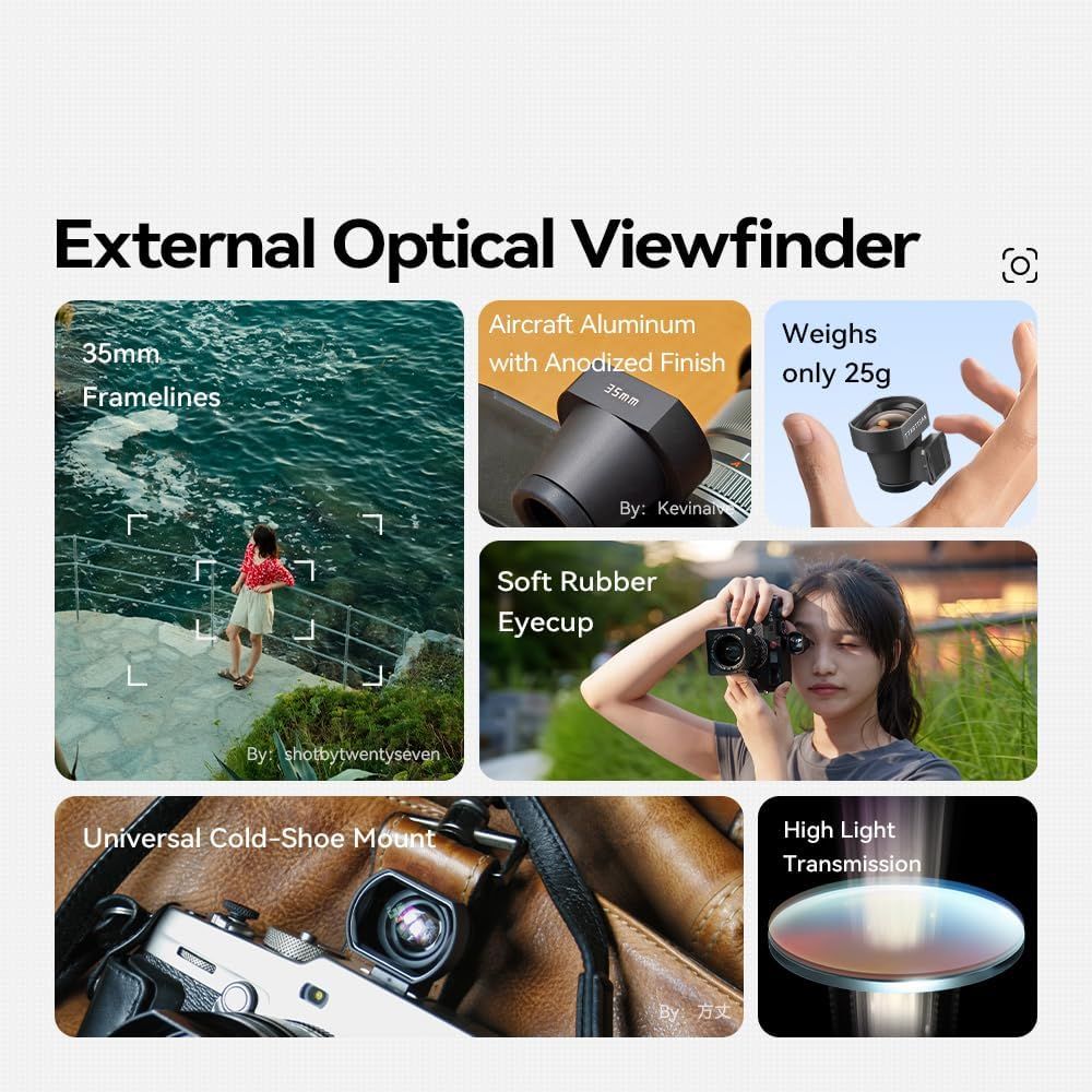 Showcases multiple distinct features and benefits of the external optical viewfinder in a segmented grid layout, helping shoppers understand the comprehensive value proposition including build…