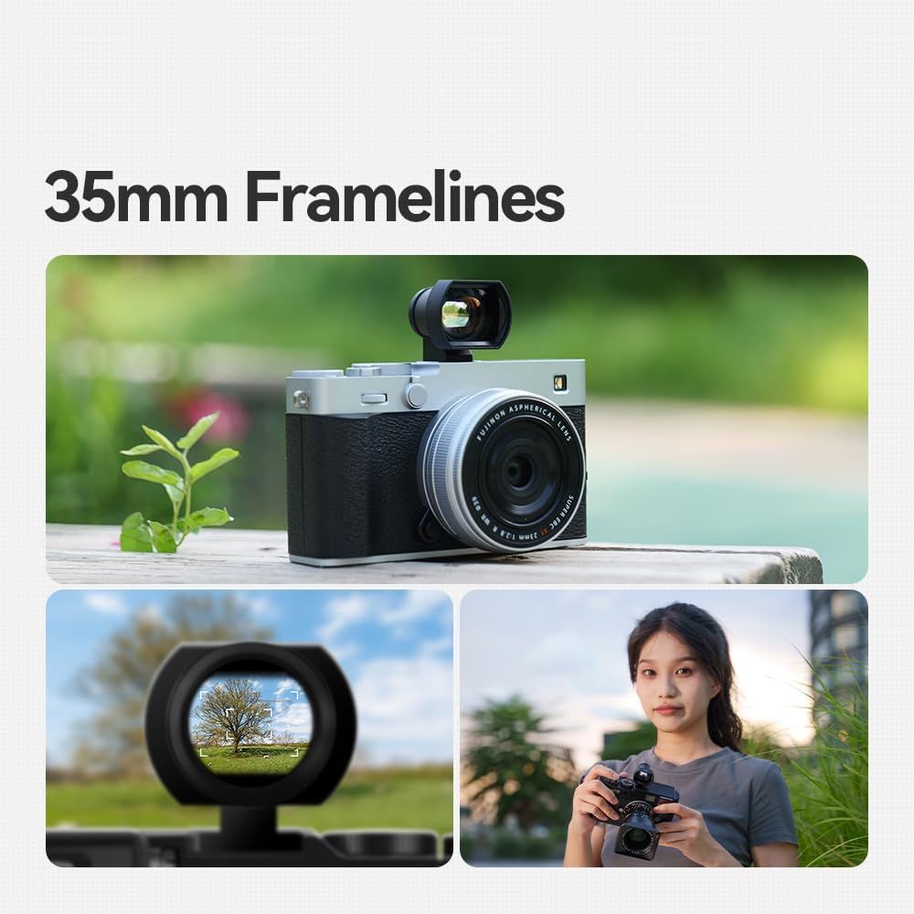 Demonstrates the camera's 35mm frameline feature through visual examples, showing how the viewfinder frames shots and reassuring photographers of accurate composition capabilities.
