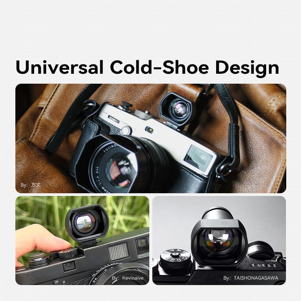 Showcases real customer photos of the camera accessory in authentic settings to build trust and demonstrate real-world compatibility and usage scenarios. Highlights the universal cold-shoe design…