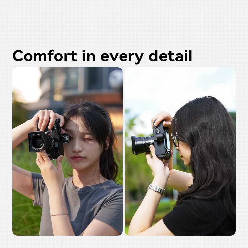Communicates that the camera is designed with comfort in mind, showing real users holding and using the product naturally in outdoor settings.