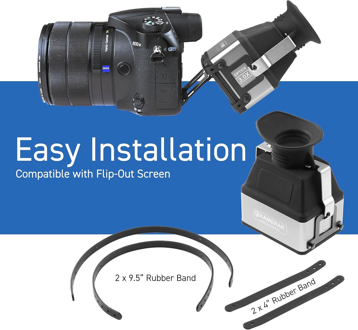 Demonstrates how easy it is to install the camera viewfinder accessory and shows compatibility with flip-out screens, reassuring shoppers about setup simplicity. Highlights the ease of installation…