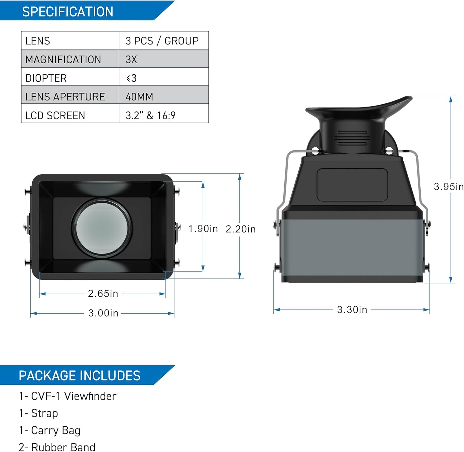 Provides exact measurements of the product from multiple angles to help shoppers understand the physical size and form factor of the viewfinder. Shows what accessories and items are included with…