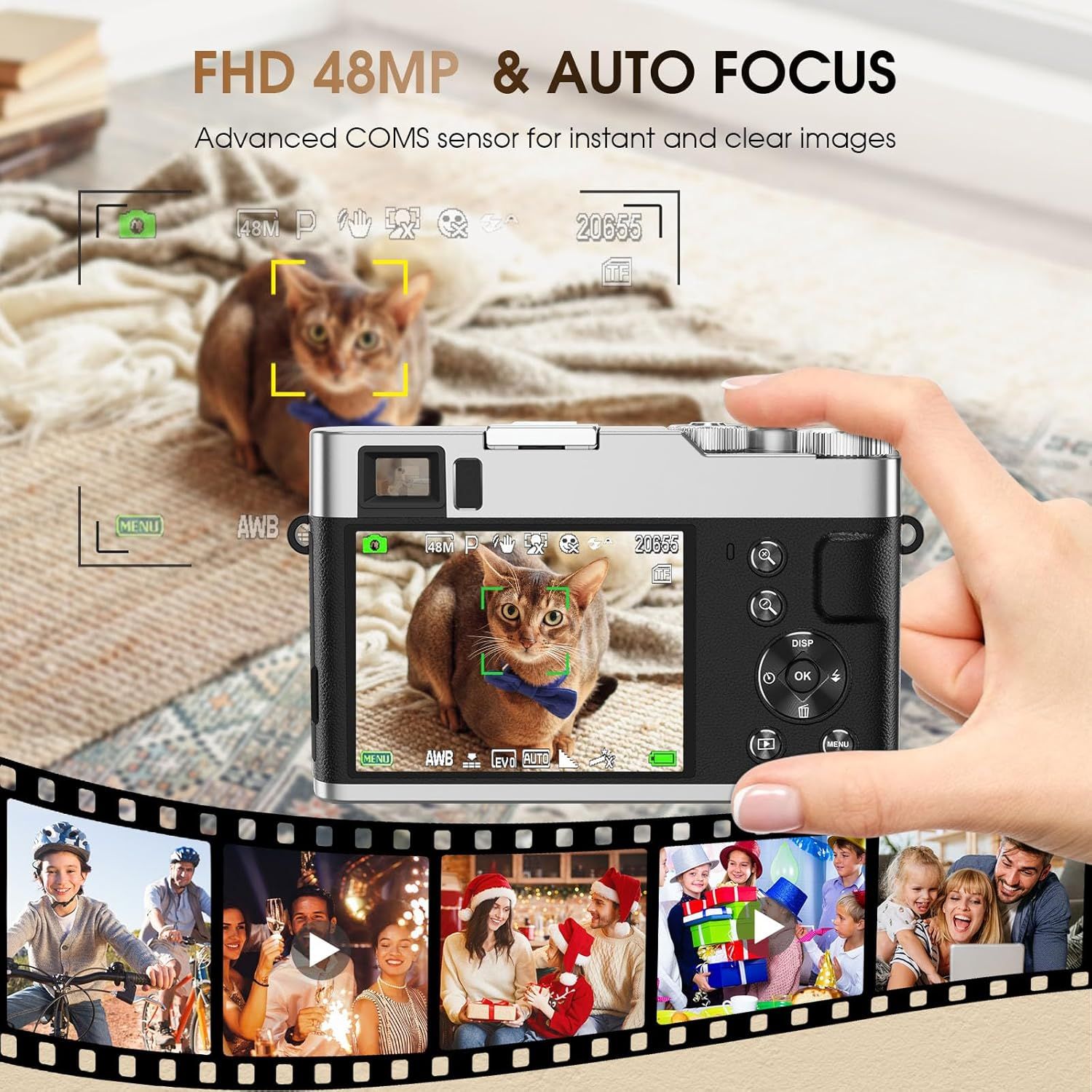 Highlights the camera's high-resolution 48MP sensor and FHD capability to communicate superior image quality and professional-grade photography performance. Demonstrates the camera's advanced auto…