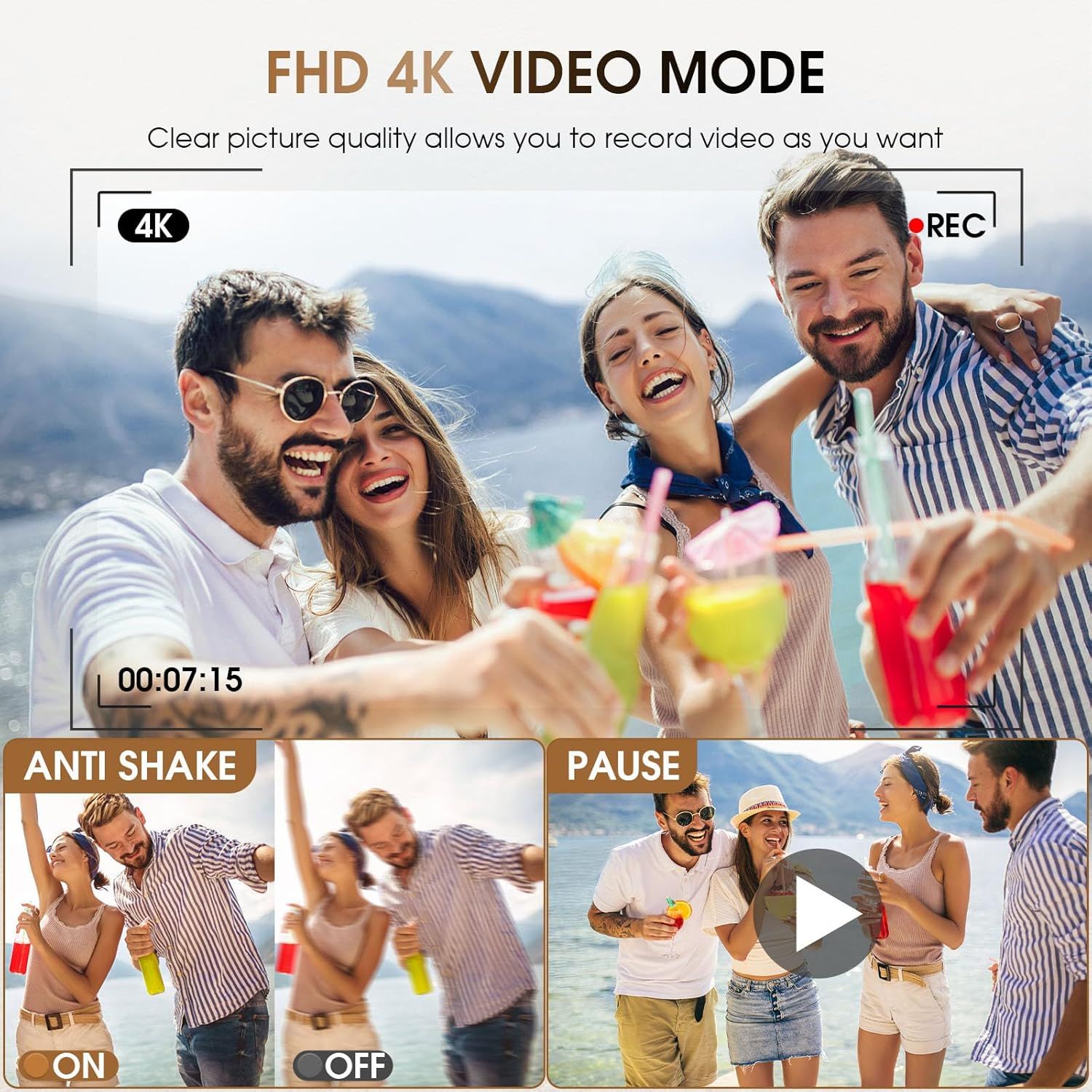 Communicates the camera's high-quality 4K video recording capability and anti-shake stabilization feature, reassuring shoppers they can capture smooth, clear videos in real-world scenarios.