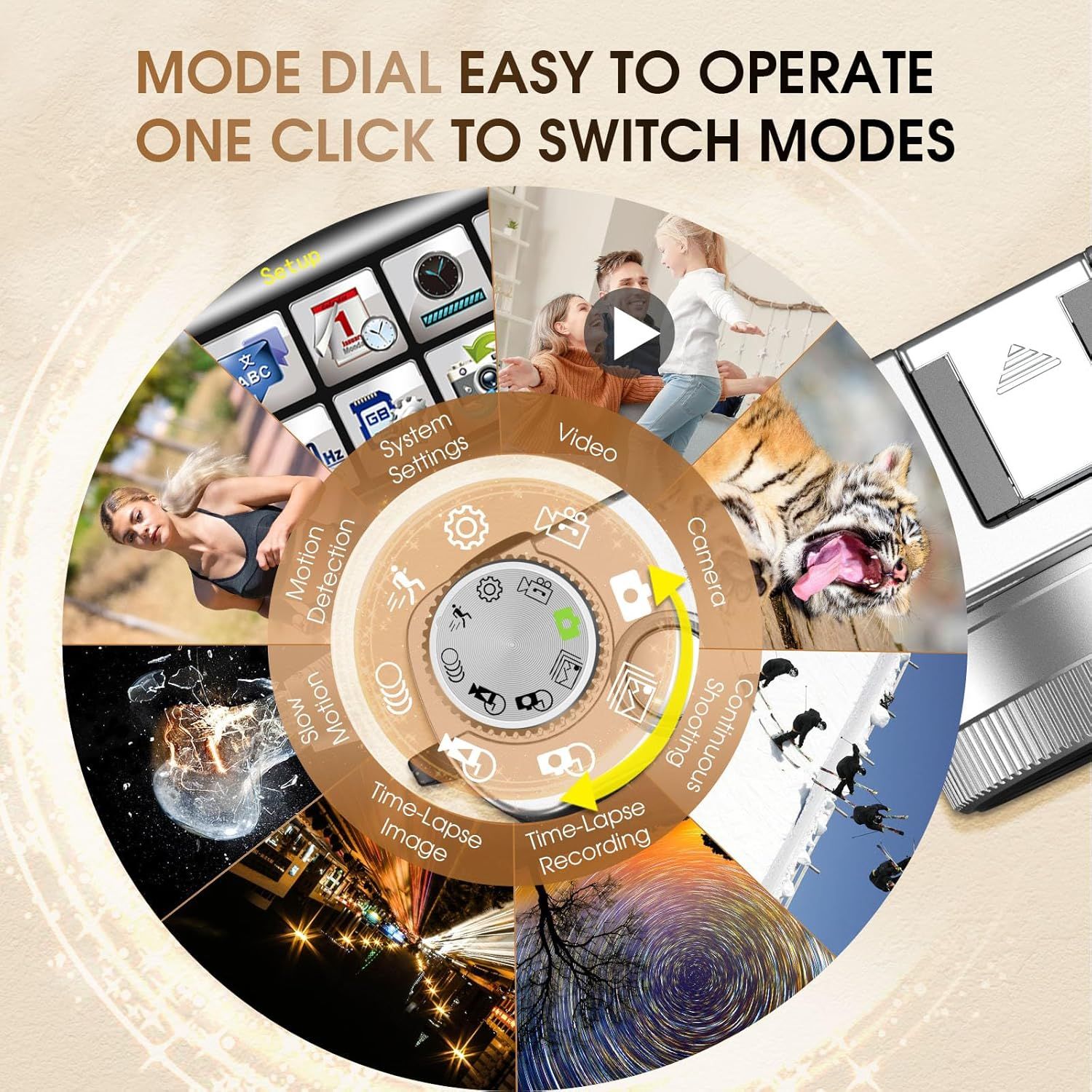 Demonstrates how to easily operate the camera's mode dial with a single click to switch between various shooting modes, reassuring shoppers that the device is user-friendly and versatile. Showcases…