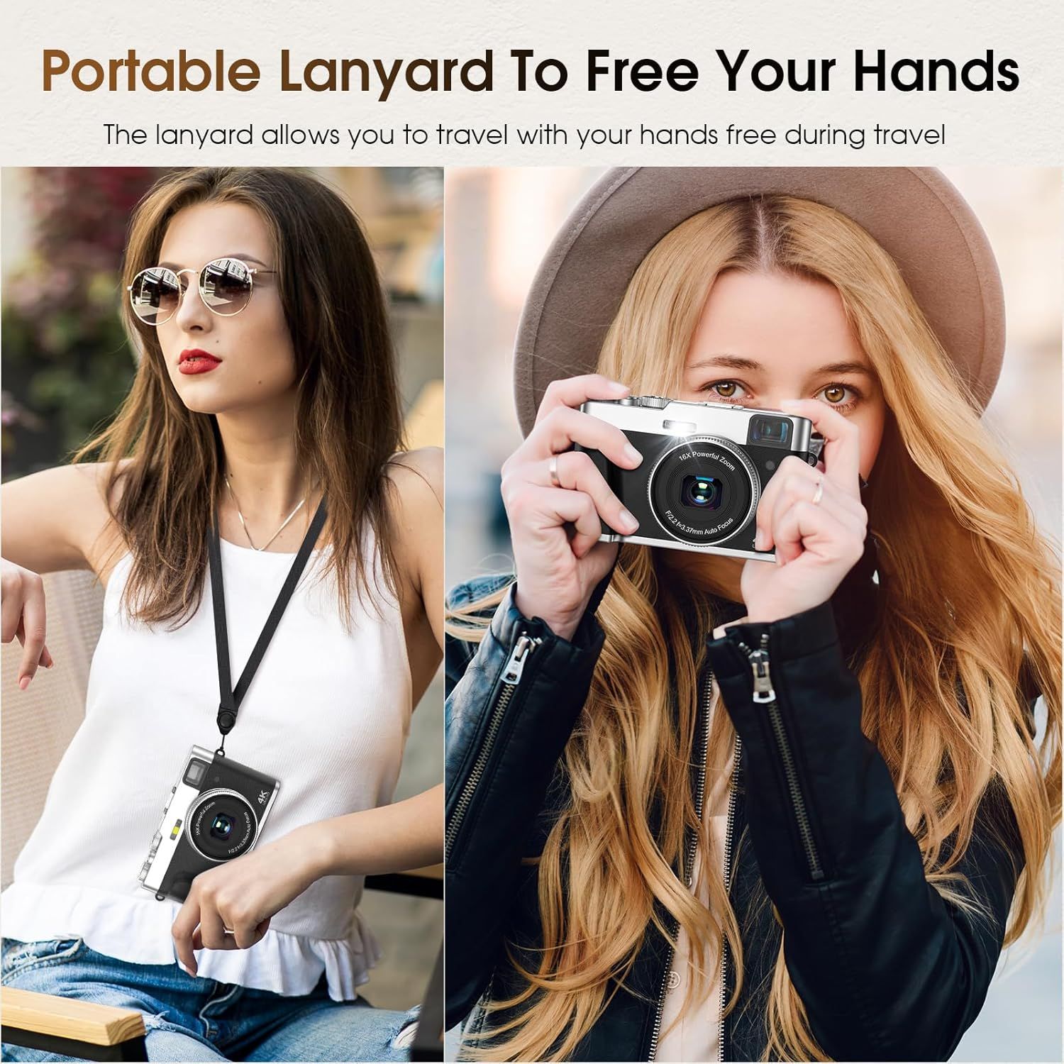 Demonstrates how the camera lanyard allows users to travel hands-free while keeping their camera accessible and secure, emphasizing convenience and portability for travelers and photographers.