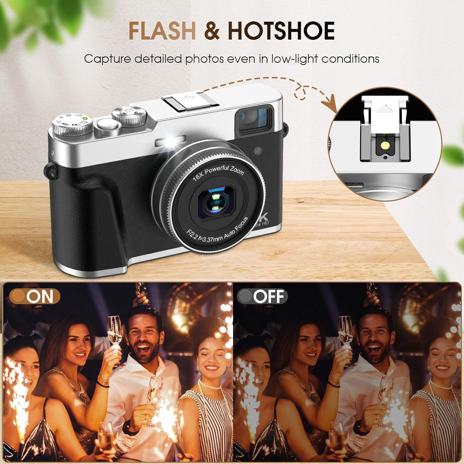 Highlights the camera's built-in flash and hotshoe feature, demonstrating its capability to capture detailed photos in low-light conditions. Demonstrates the effectiveness of the flash feature by…