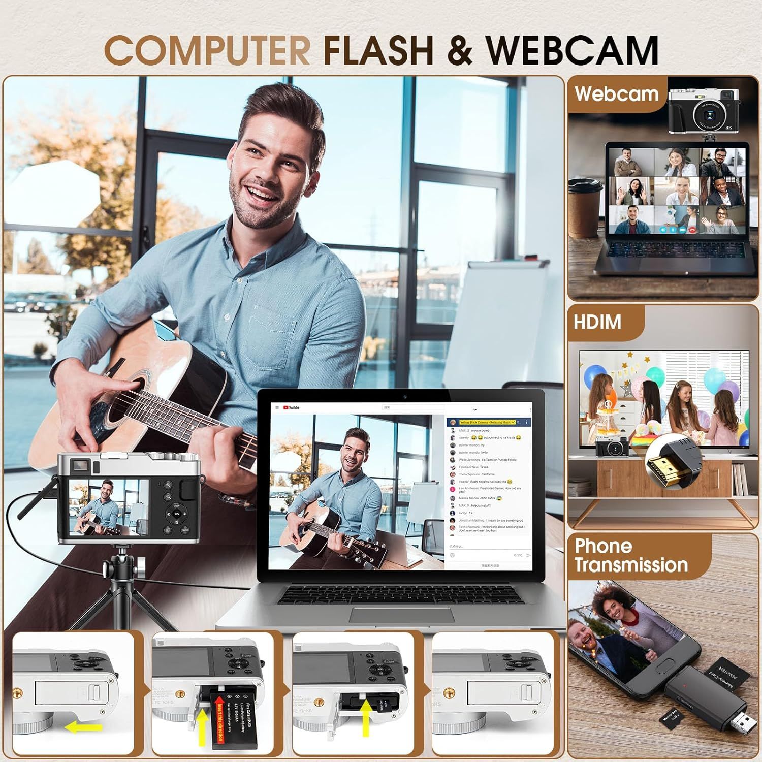 Demonstrates the multiple use cases and connectivity options for the camera flash device, showing it can be used as a webcam for video calls, connected via HDIM for presentations or parties, and…