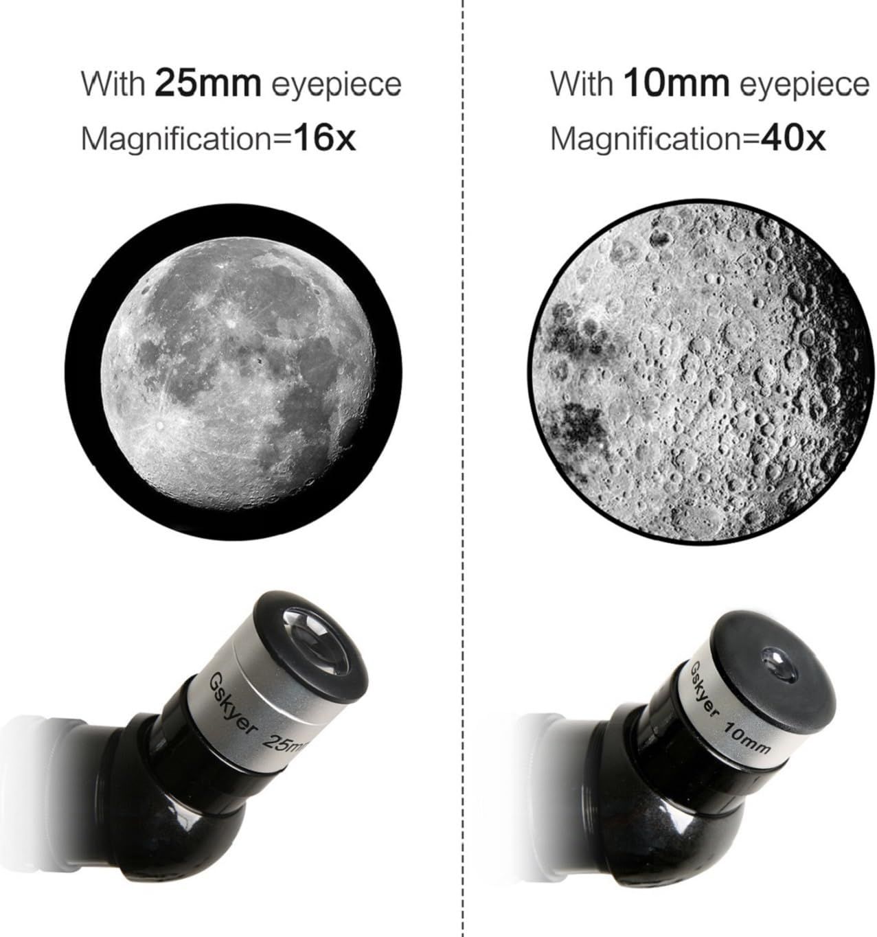 Demonstrates the difference in magnification power between two eyepiece options (25mm vs 10mm) to help shoppers understand the viewing capabilities and choose the right configuration for their needs.