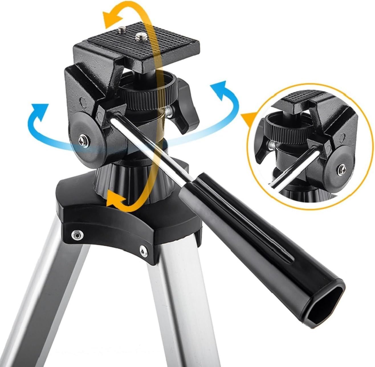 Demonstrates the tripod head's multi-directional movement capabilities and adjustment mechanisms to show shoppers how the product enables flexible camera positioning.