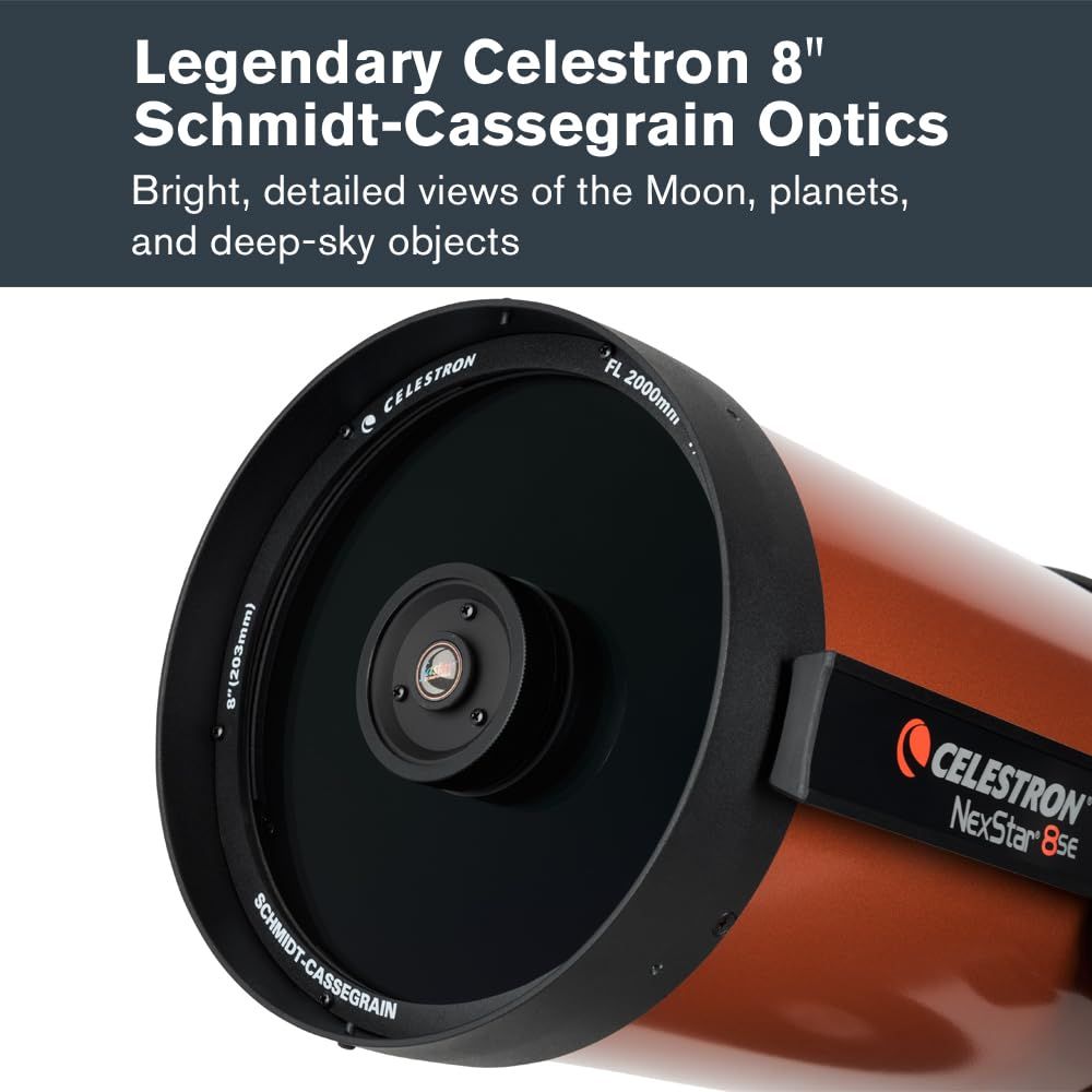 Highlights the premium Schmidt-Cassegrain optical system to communicate superior viewing quality and performance for astronomy enthusiasts.