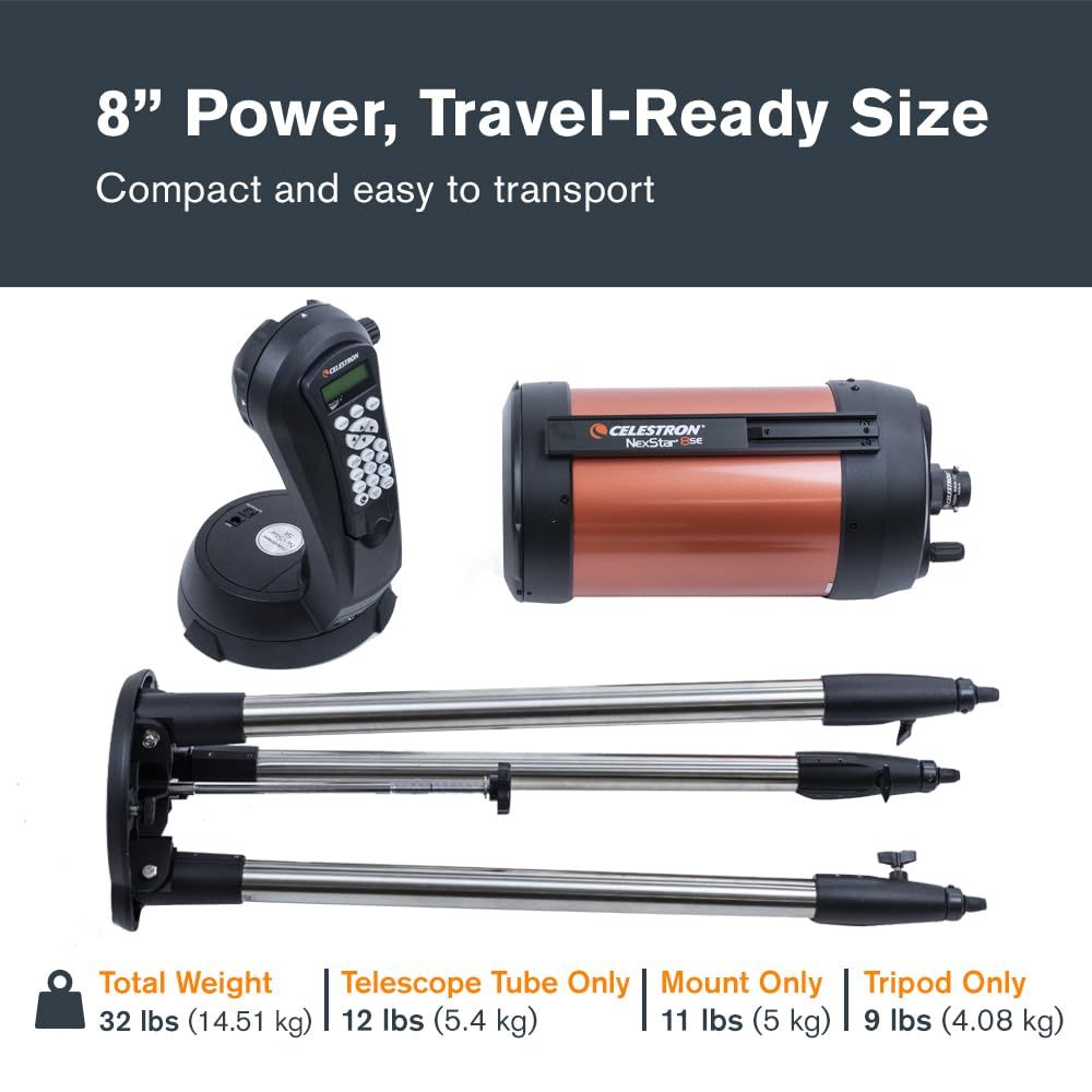 Shows all components included in the telescope package (telescope tube, hand controller, tripod) with individual weight specifications to help shoppers understand what they're receiving and the…
