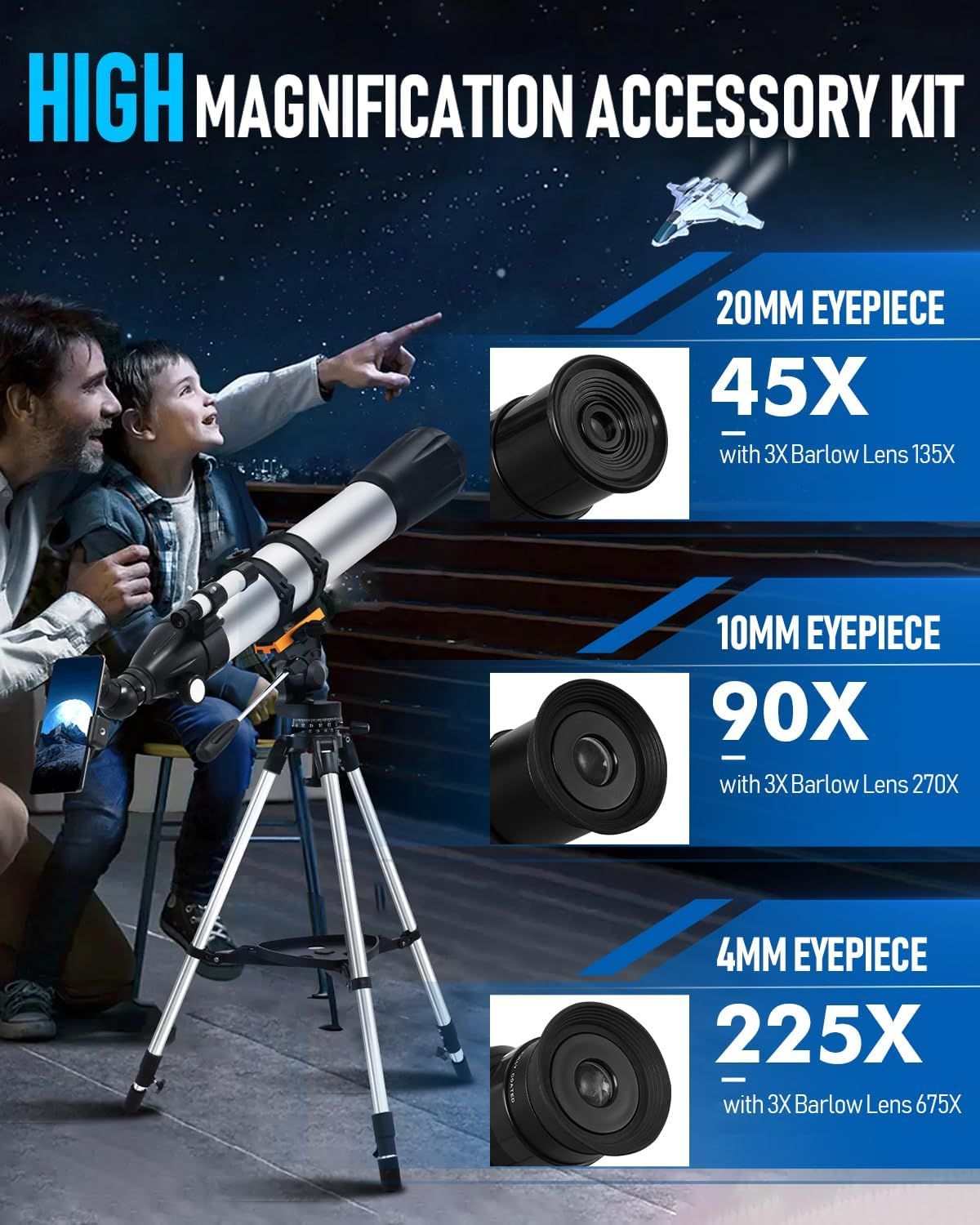 Shows the complete accessory kit included with the telescope, highlighting three different eyepiece options with their respective magnification capabilities to help shoppers understand what they…